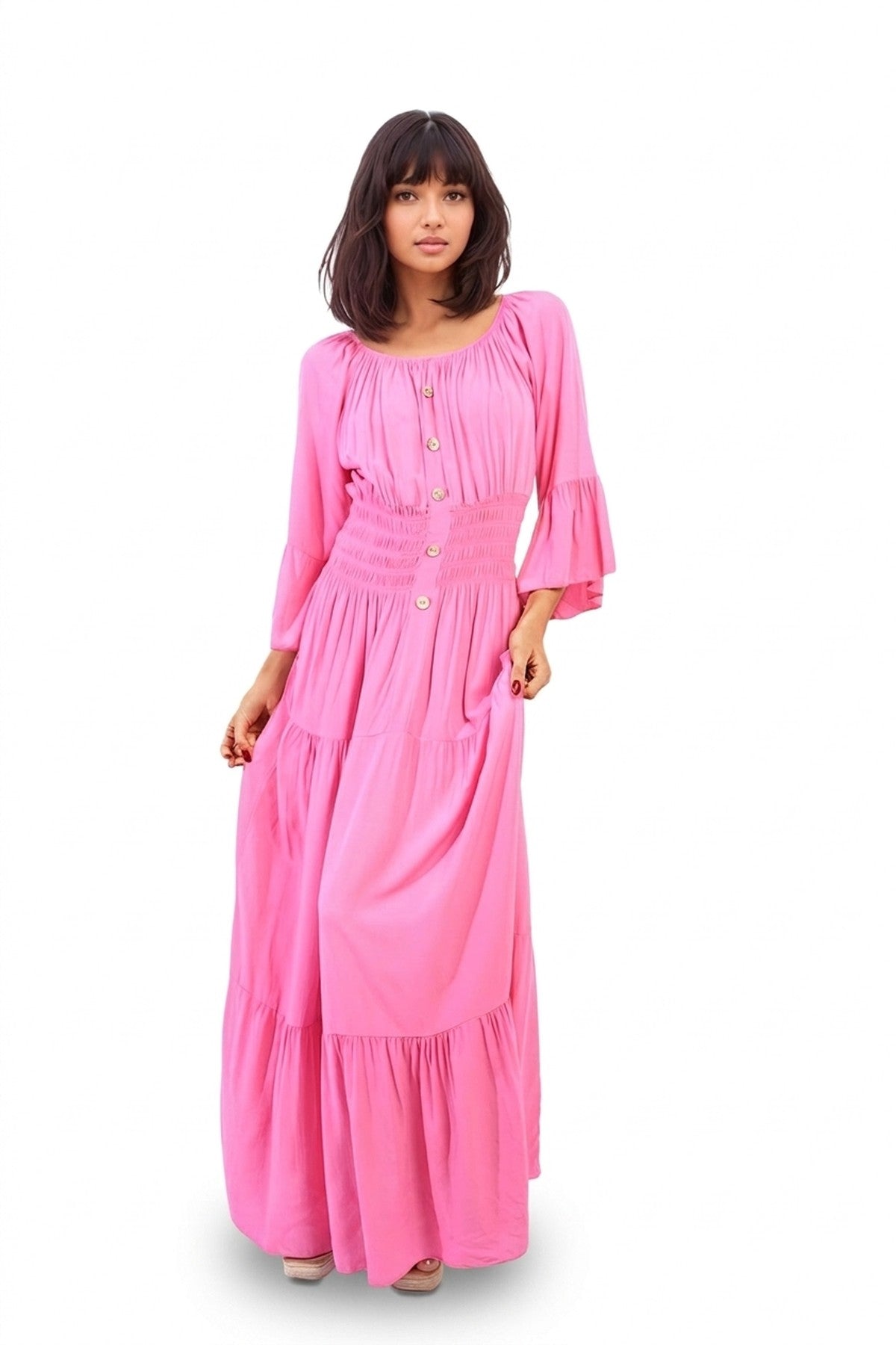 Leah Ruffle Hem Sleeve Shirred Waist Tiered Maxi Dress - FUSCHIA_wb