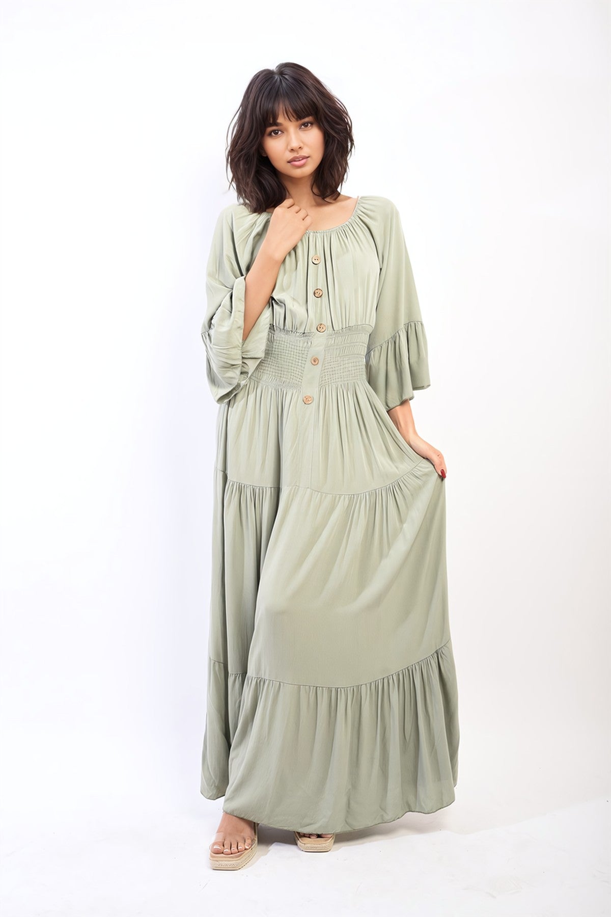 Leah Ruffle Hem Sleeve Shirred Waist Tiered Maxi Dress - Khaki