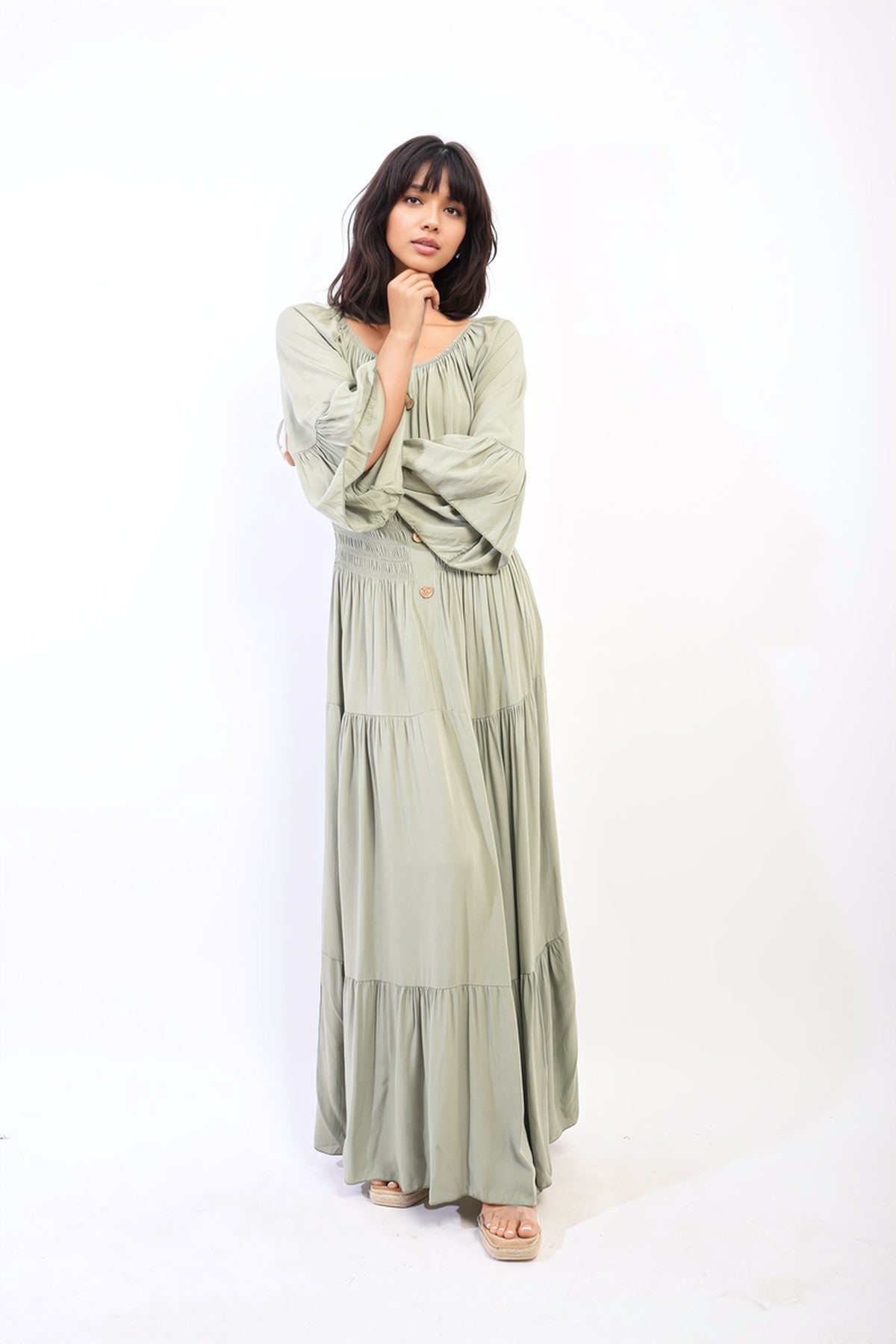 Leah Ruffle Hem Sleeve Shirred Waist Tiered Maxi Dress - Khaki