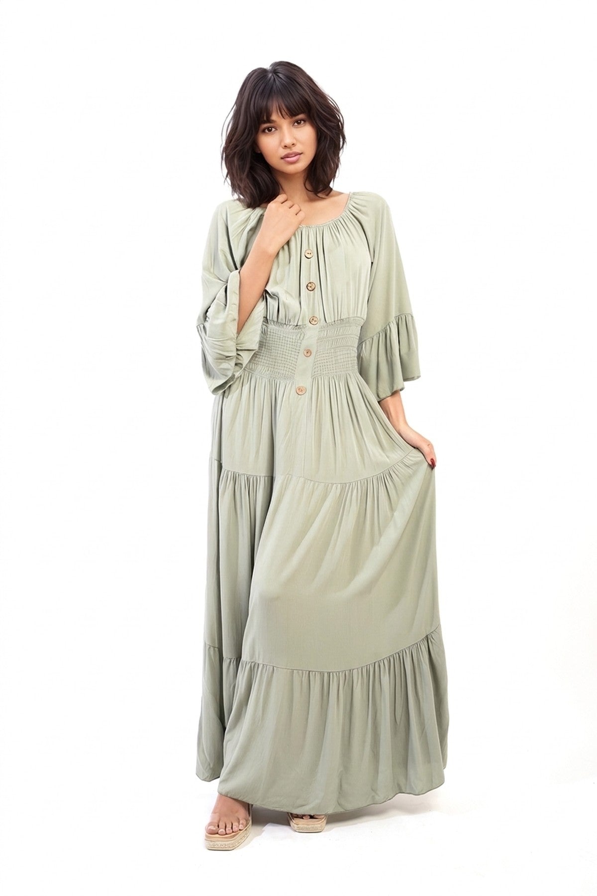 Leah Ruffle Hem Sleeve Shirred Waist Tiered Maxi Dress - Khaki_wb
