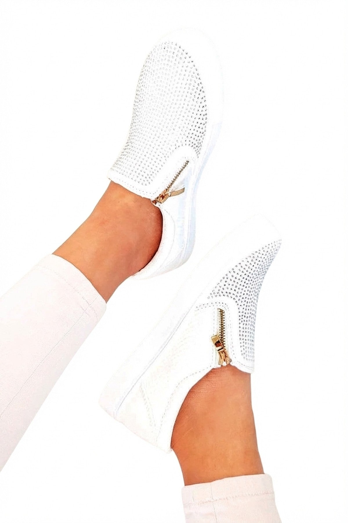 Leah Crystal Suede Zip Pumps Trainers - White