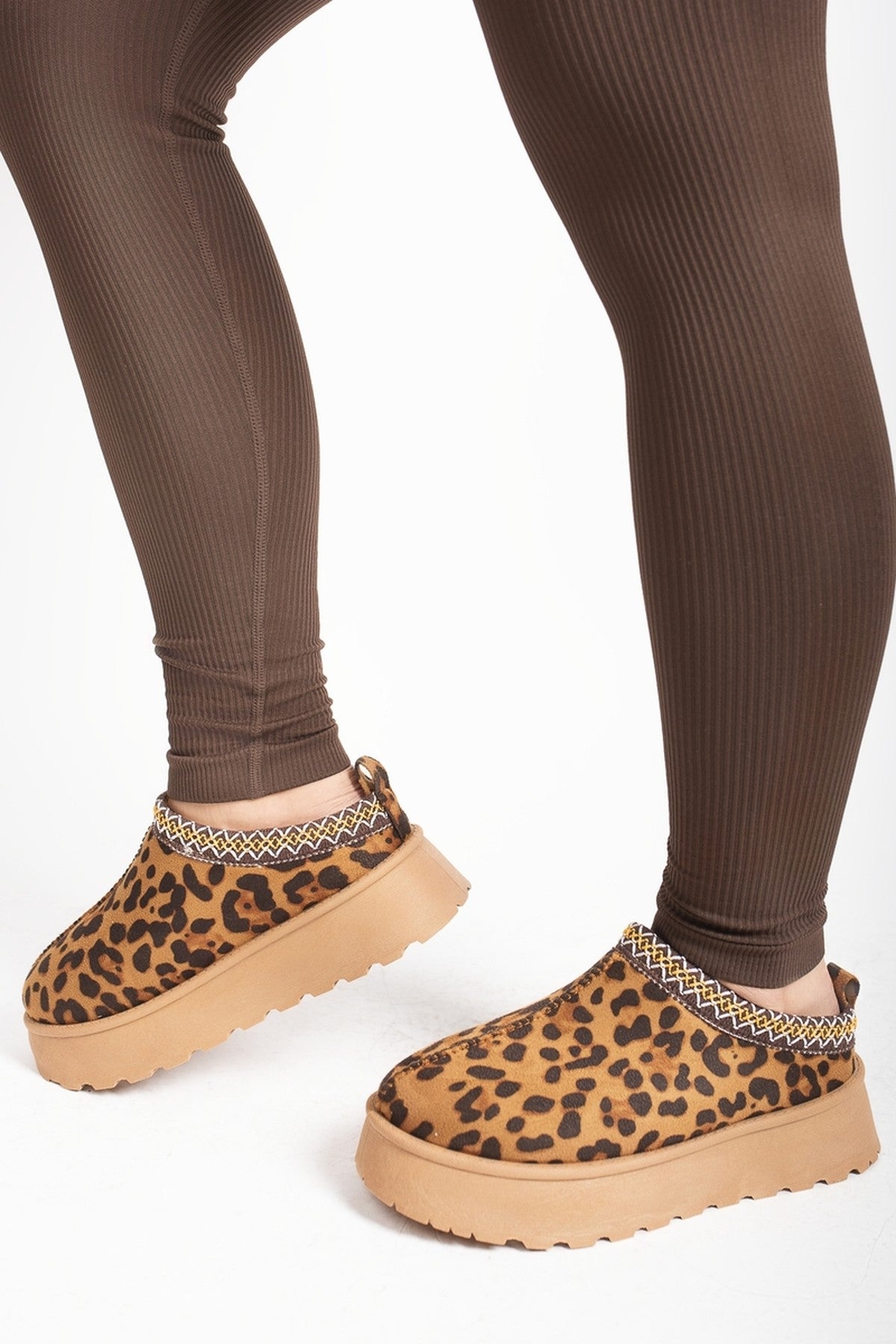 Jolene Aztec Detail Low Ankle Platform Slipper Boots - Leopard