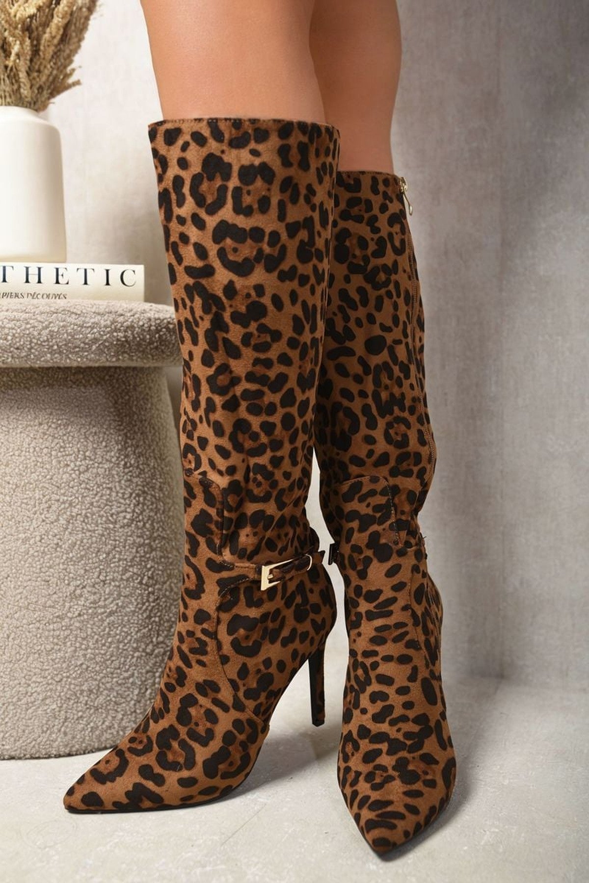 Anna Side Zip Stiletto Boots - Leopard