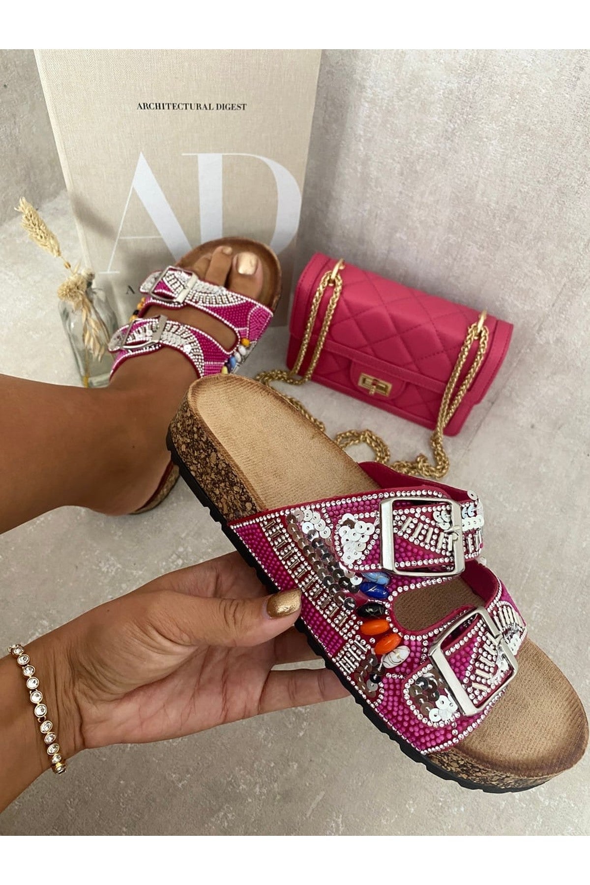 Leslie Rhinestone Double Buckle Adjustable Slip On Slides Sandals - Pink