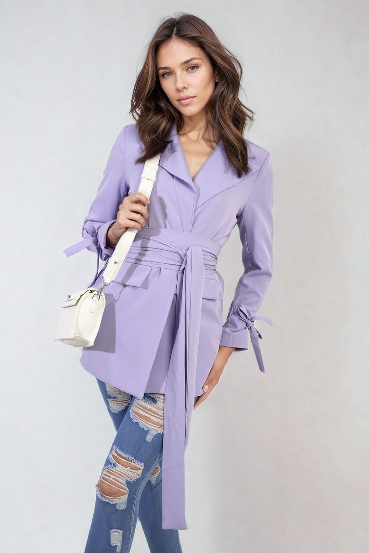 Lexi Collared Long Sleeve V-neck Belted Blazer Jacket - Lilac