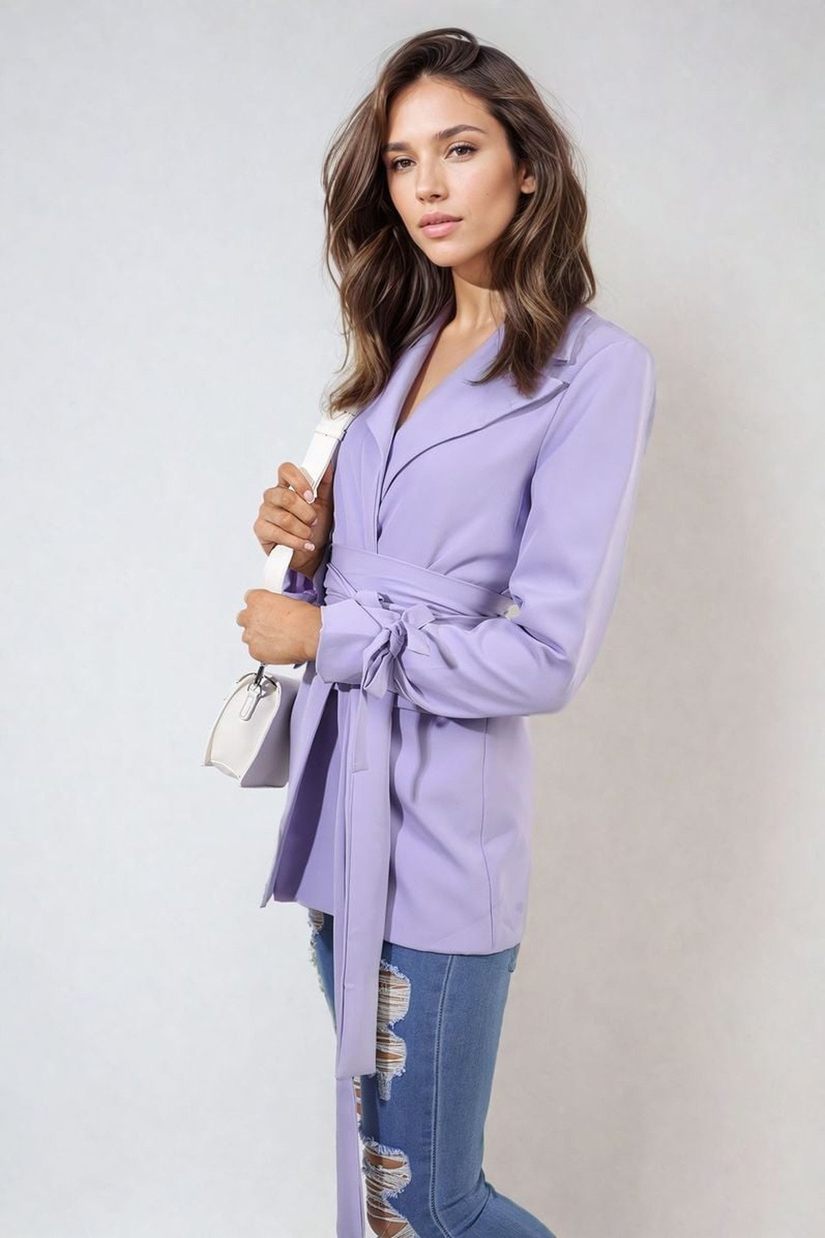 Lexi Collared Long Sleeve V-neck Belted Blazer Jacket - Lilac