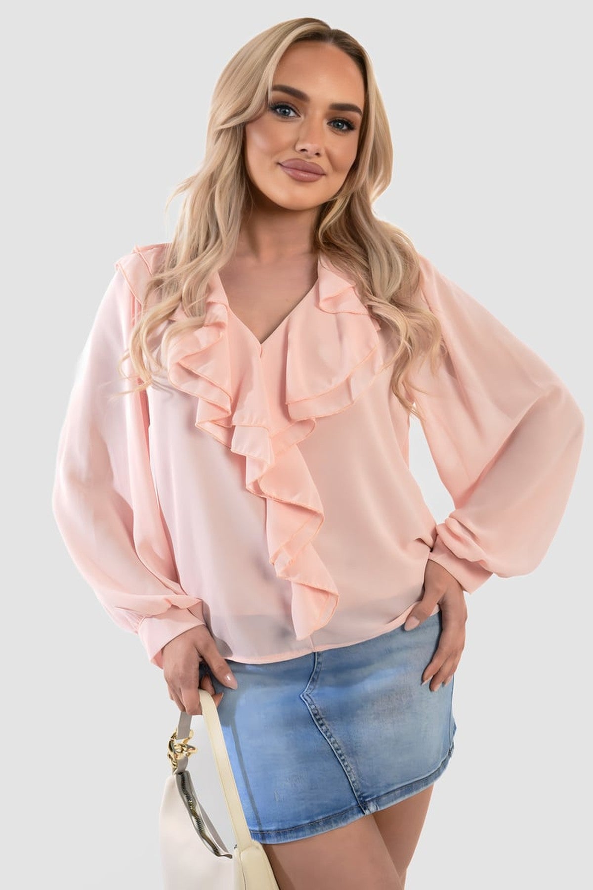 Leyla Ruffle Trim Front Long Sleeve Top - Pink