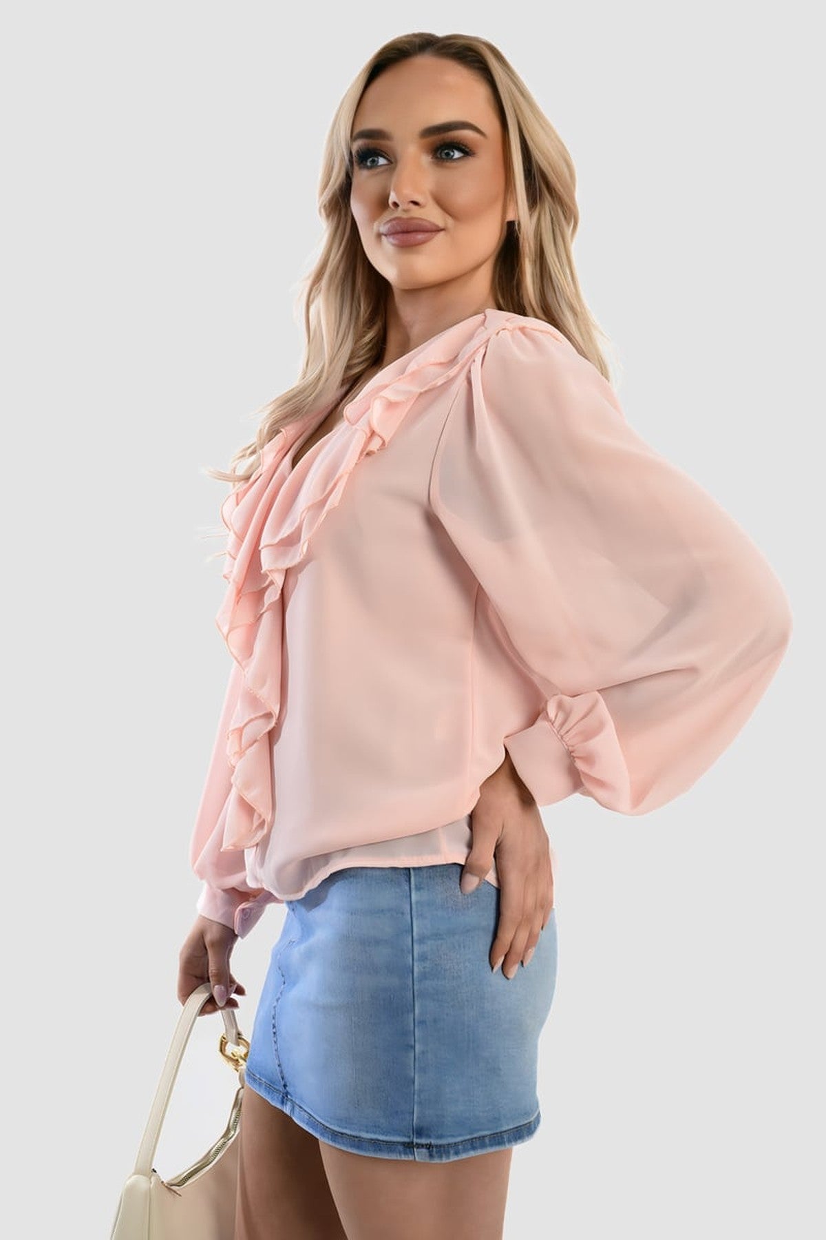 Leyla Ruffle Trim Front Long Sleeve Top - Pink