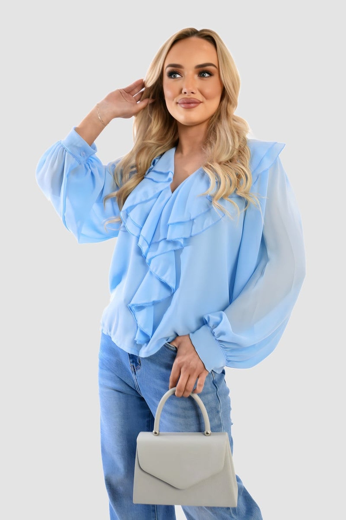 Leyla Ruffle Trim Front Long Sleeve Top - Sky Blue