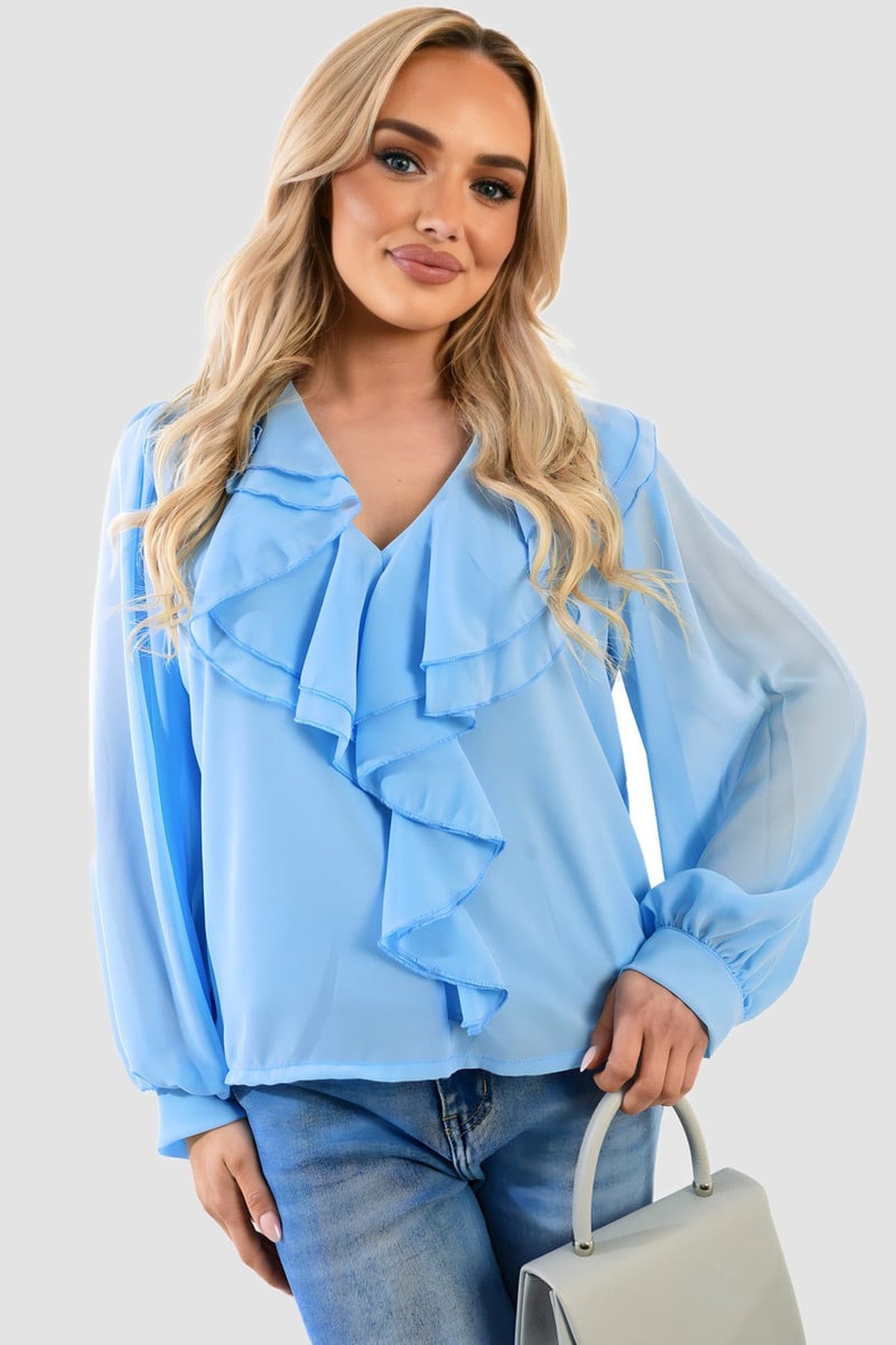 Leyla Ruffle Trim Front Long Sleeve Top - Sky Blue