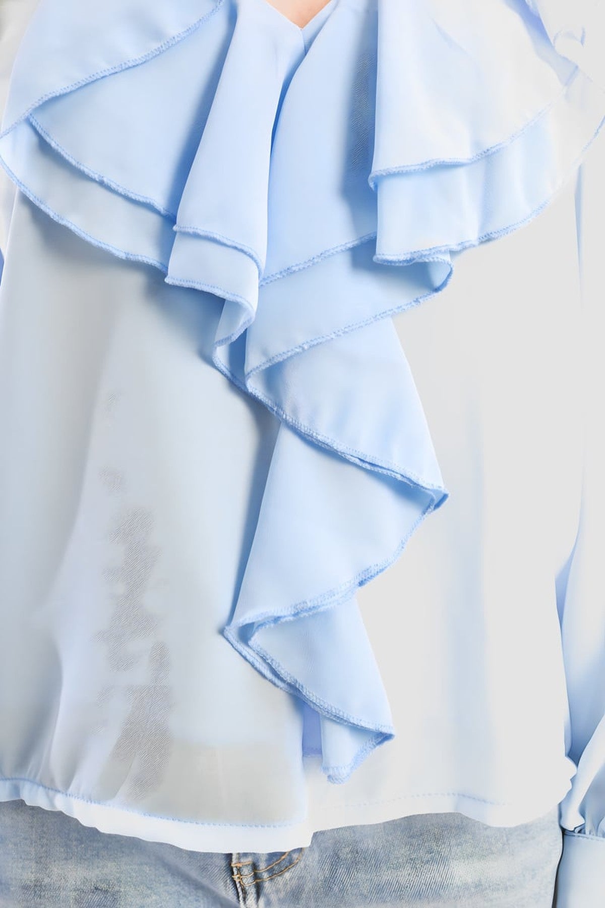 Leyla Ruffle Trim Front Long Sleeve Top - Sky Blue