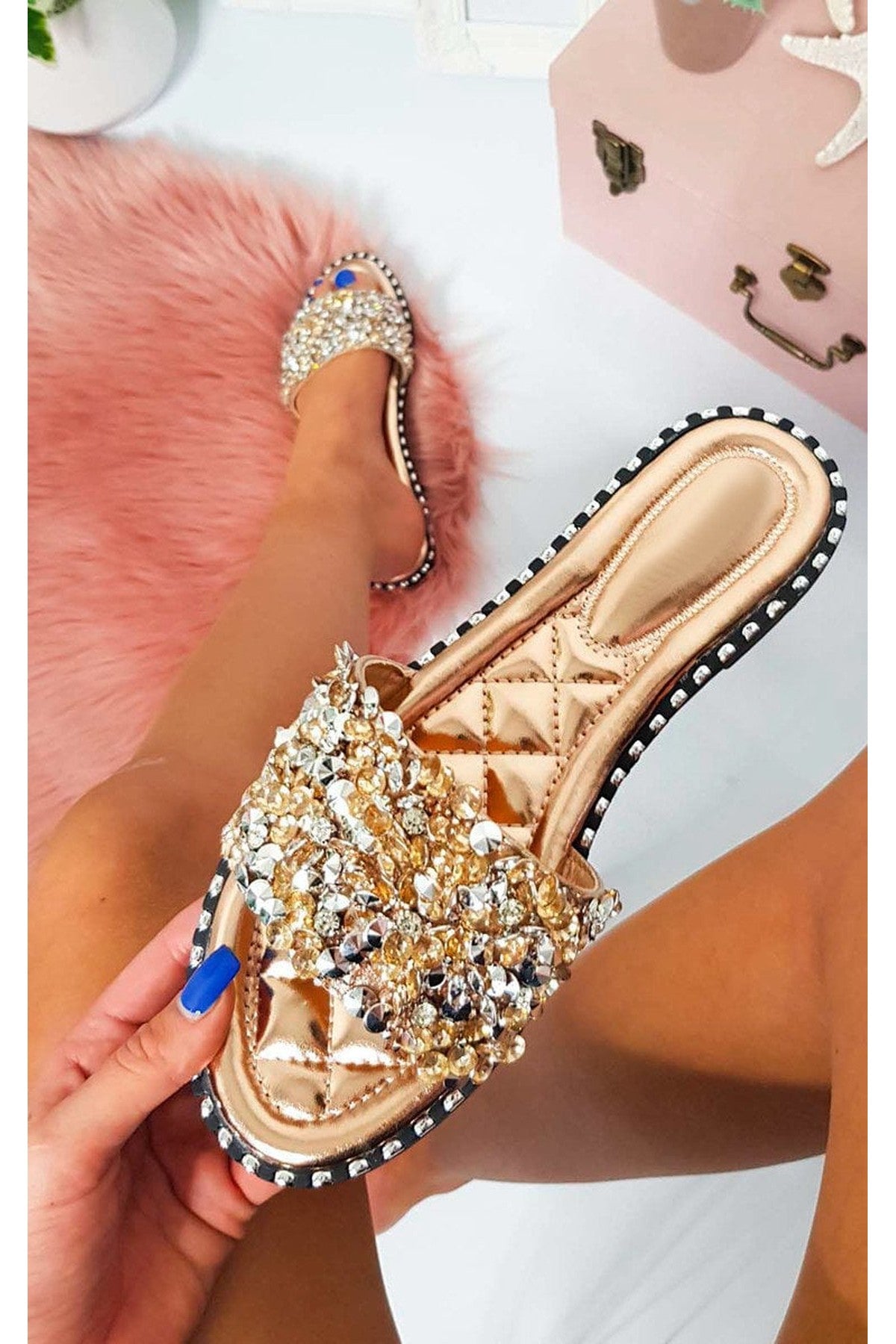 Libby Embellished Open Toe Sandals - Rose Gold