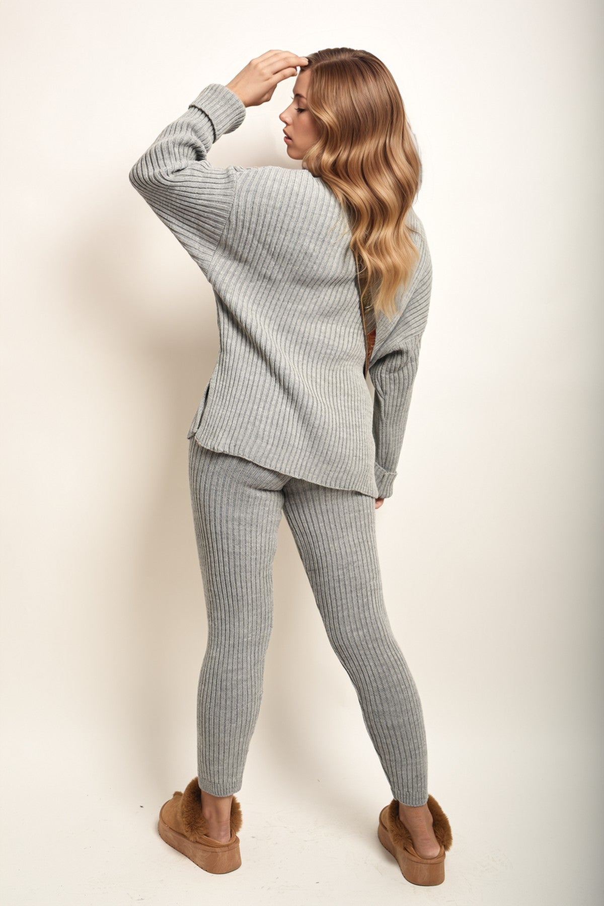Mila Chunky Knitted High Roll Neck Top Bottom Co-ord Set - Light Grey