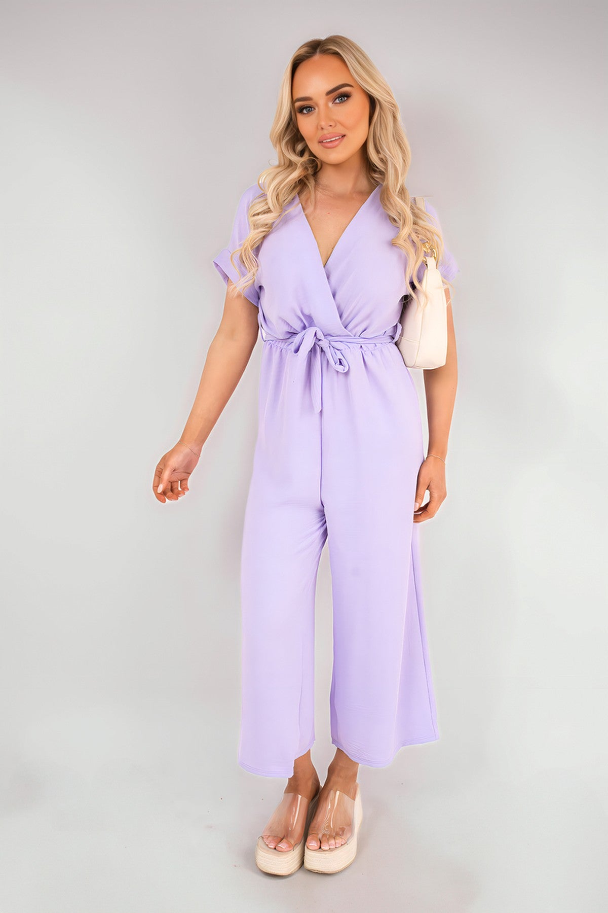 Nerina Wrap Short Sleeve Wide Leg Jumpsuit With Tie Waist - Lilac