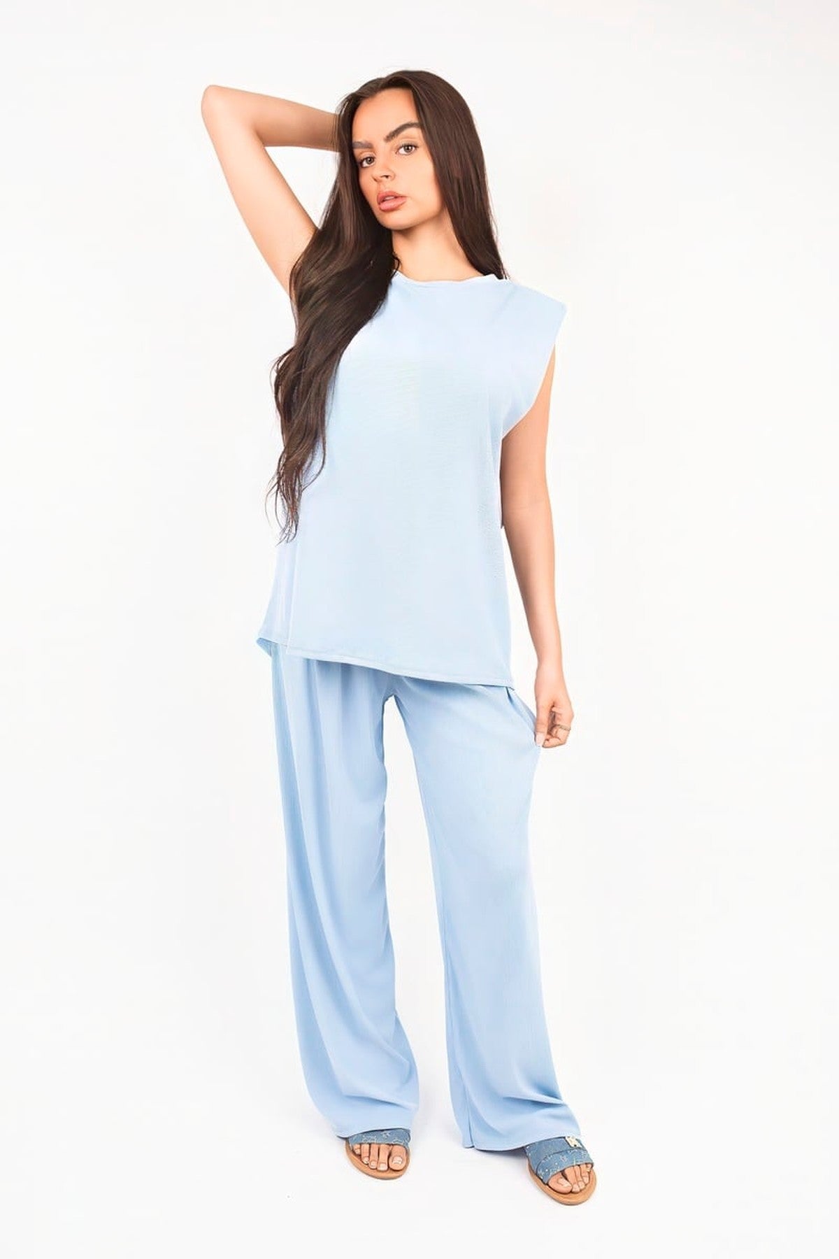 Liliane Sleeveless Relaxed Fit Top And Wide Leg Trouser Co-ord Set - Sky Blue