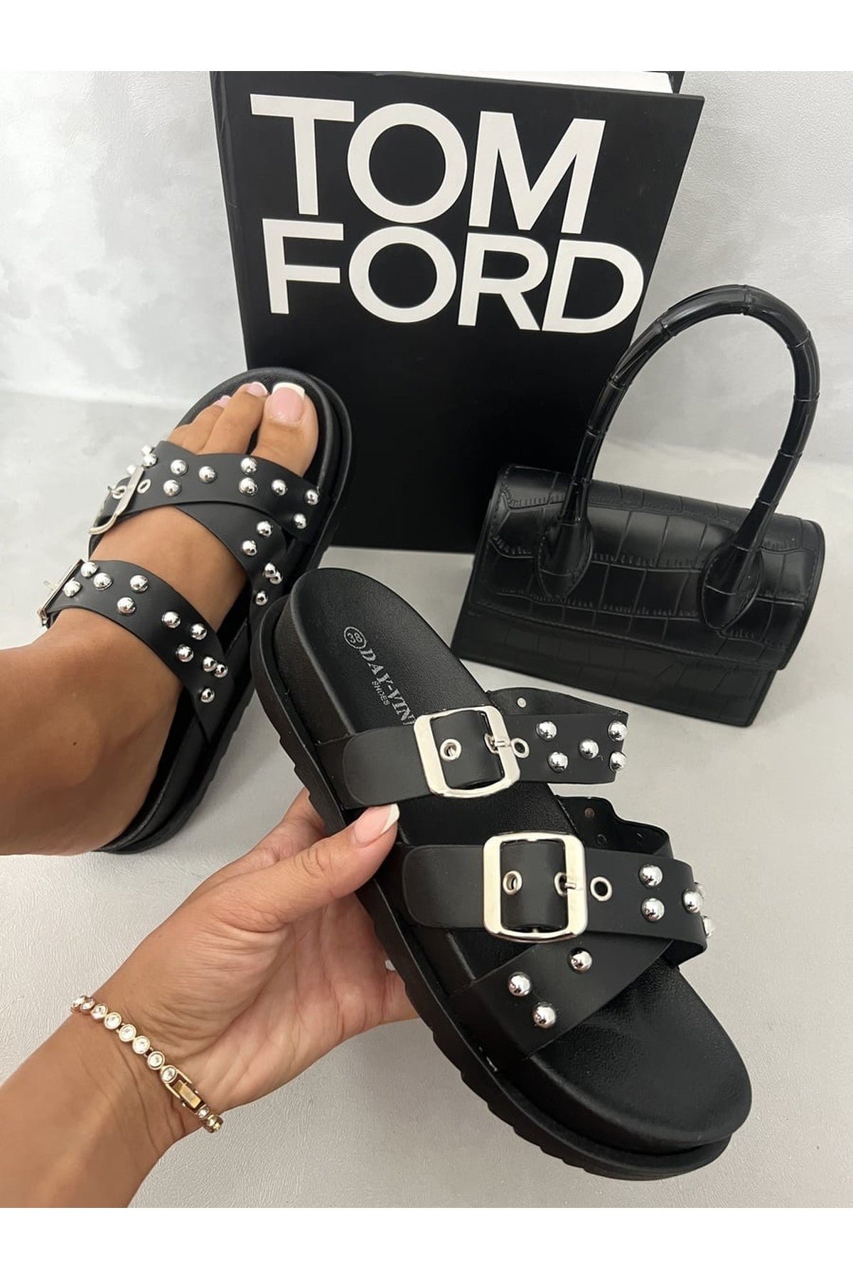 Lillian Studded Buckle Platform Sandals - Black