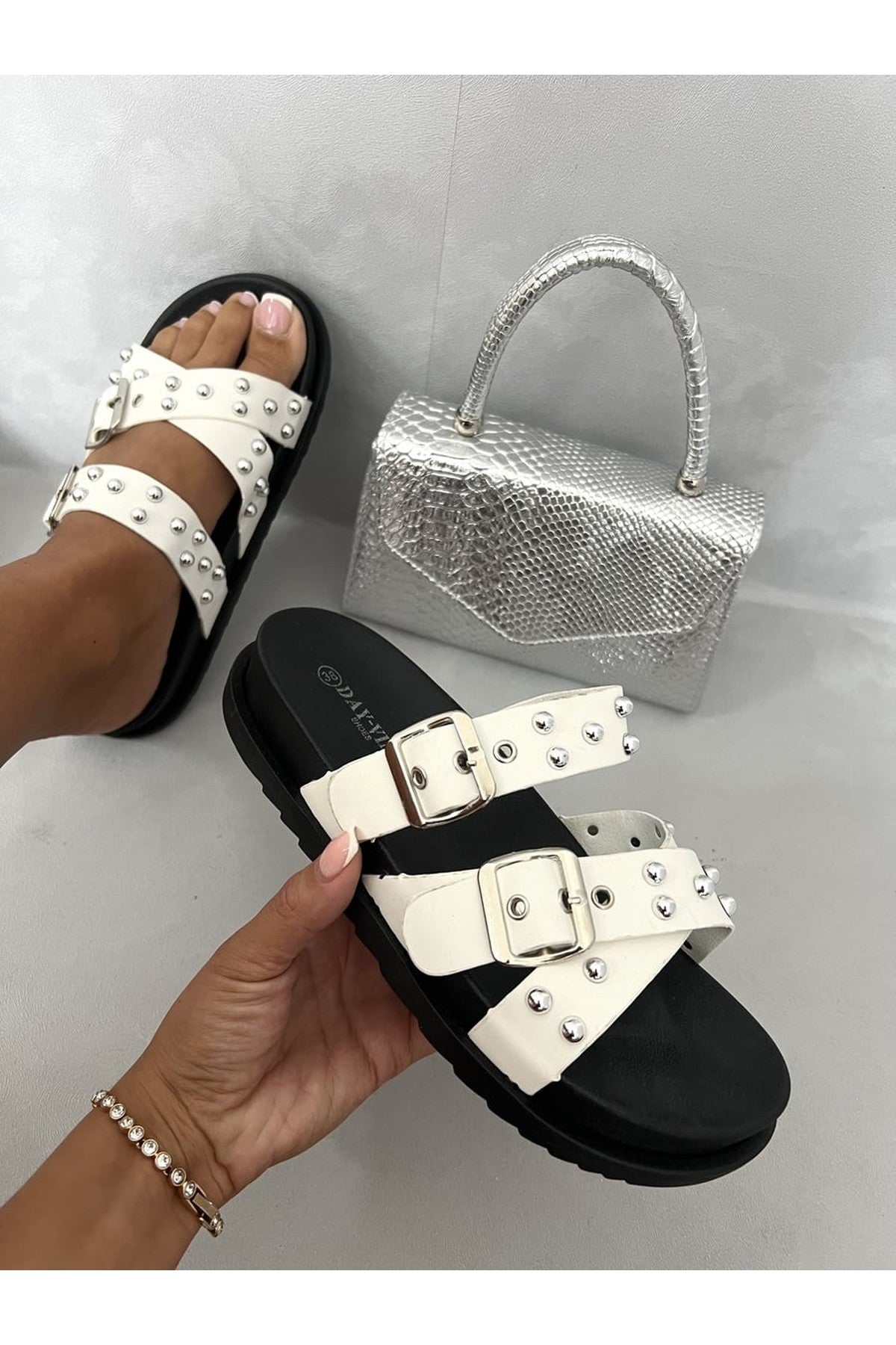Lillian Studded Buckle Platform Sandals - White