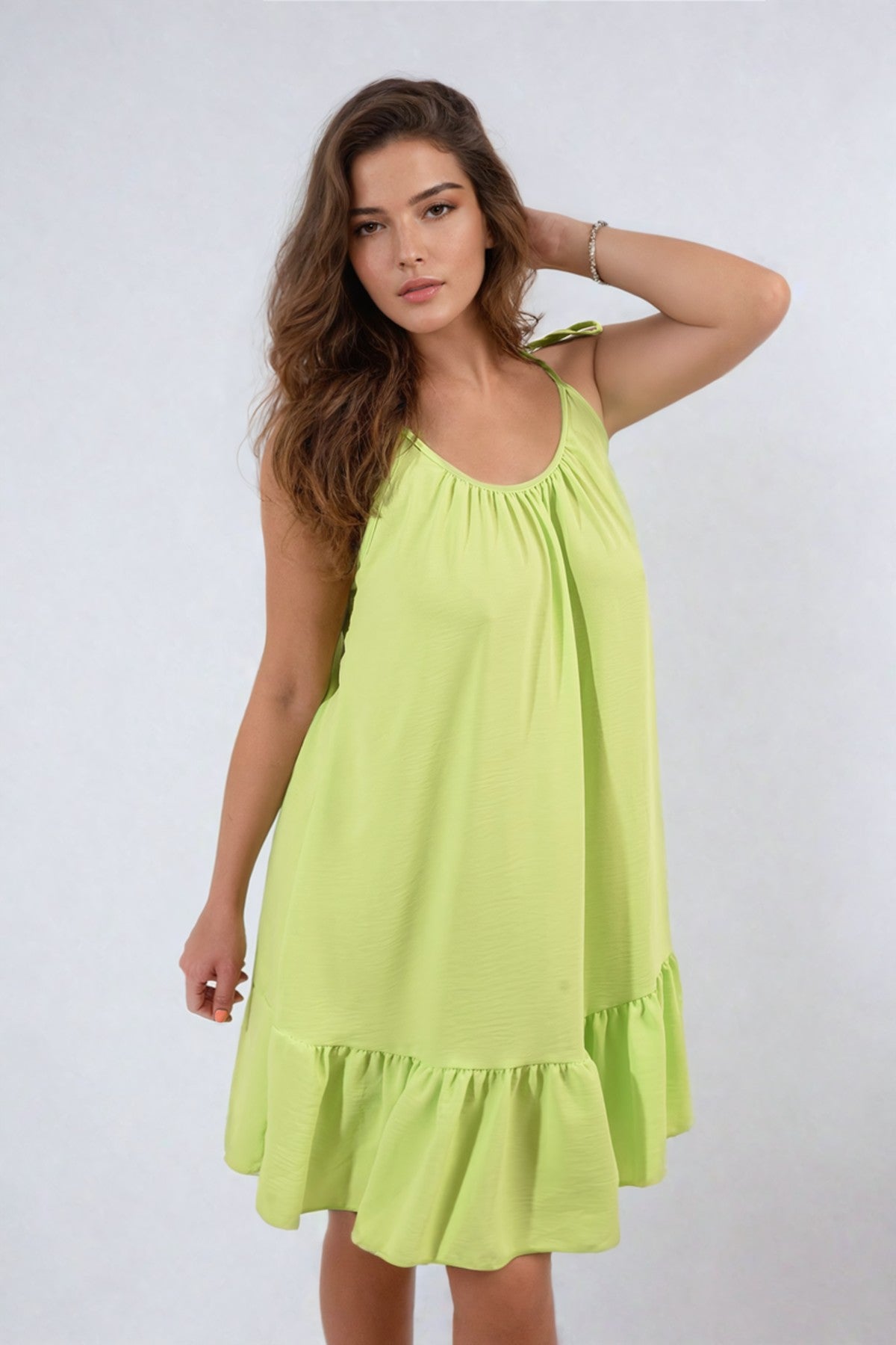 Faye Backless Tie-up Spaghetti Strap Frill Hem Mini Dress - Lime