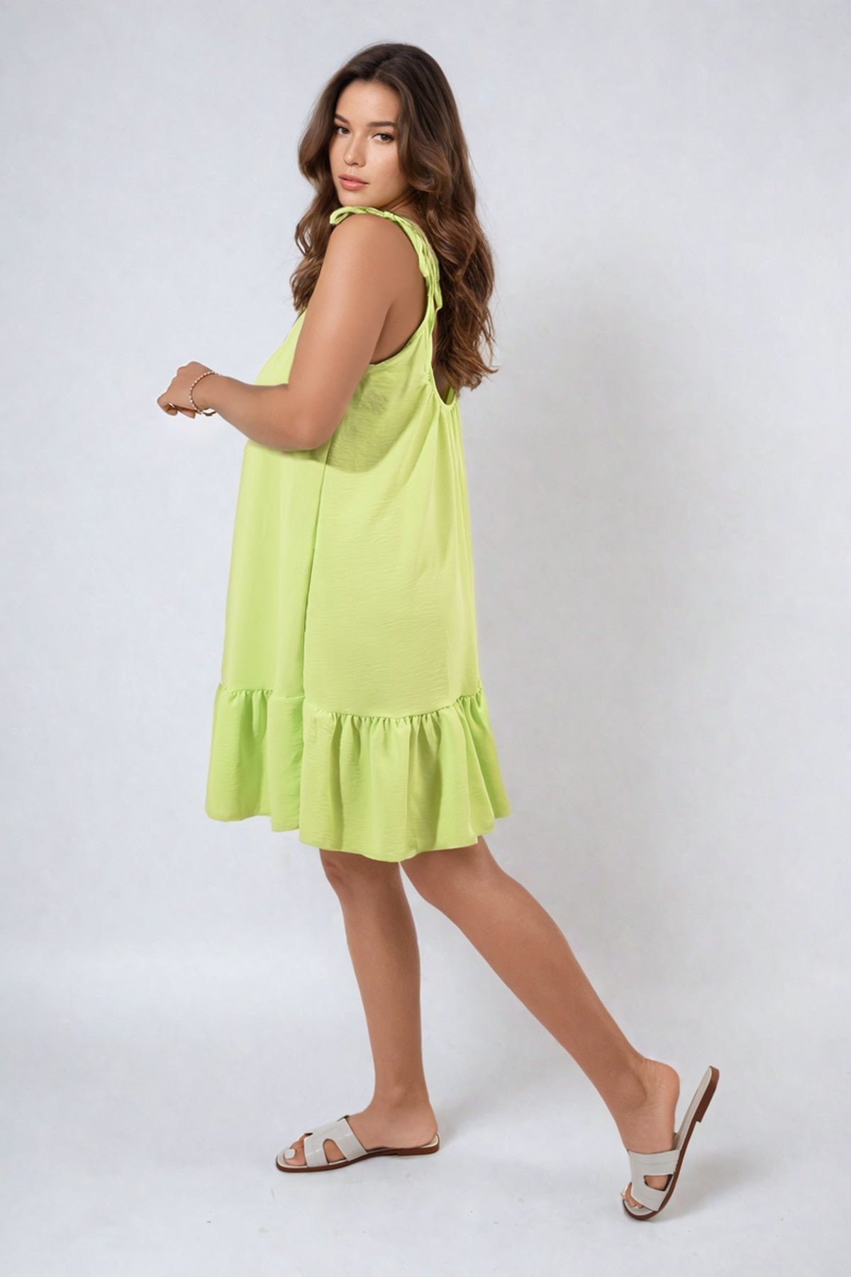 Faye Backless Tie-up Spaghetti Strap Frill Hem Mini Dress - Lime