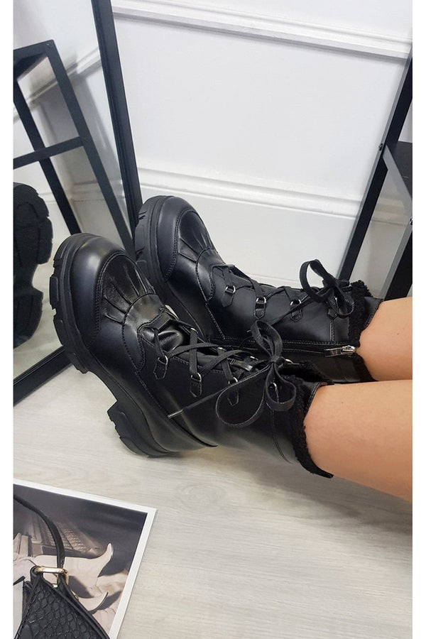 Linda Lace Up Faux Leather Chunky Boots - Black Pu