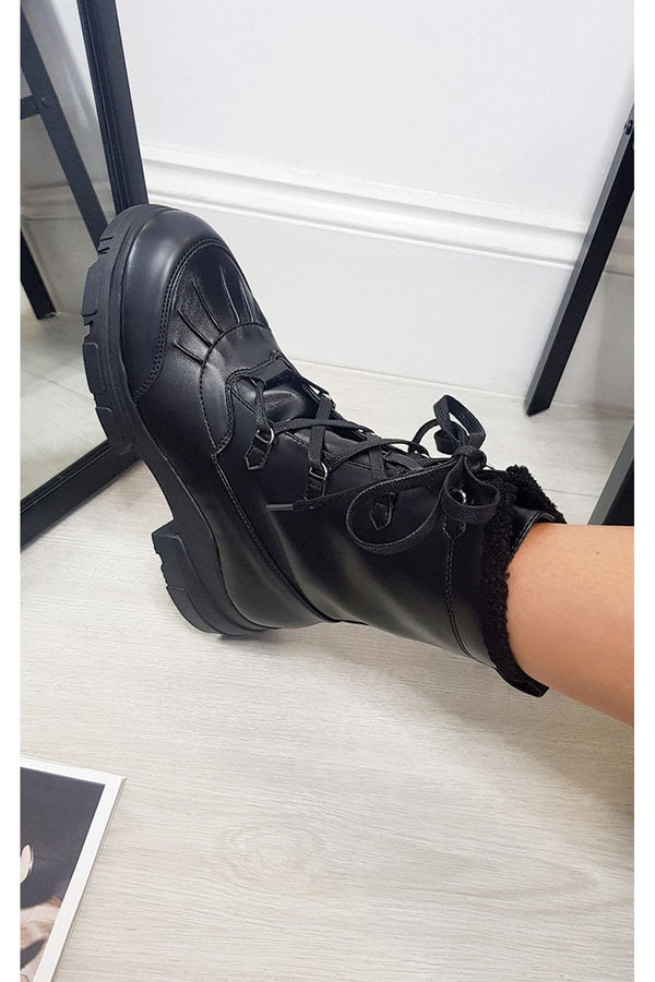 Linda Lace Up Faux Leather Chunky Boots - Black Pu