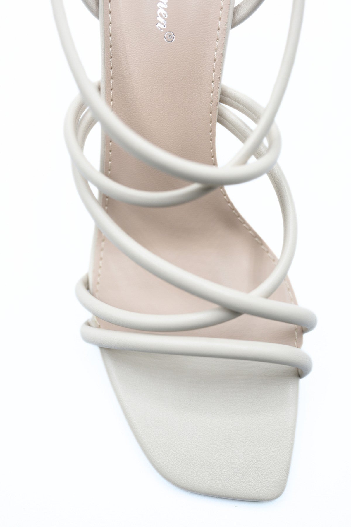 Linda Strappy Buckle Block High Heels - Beige