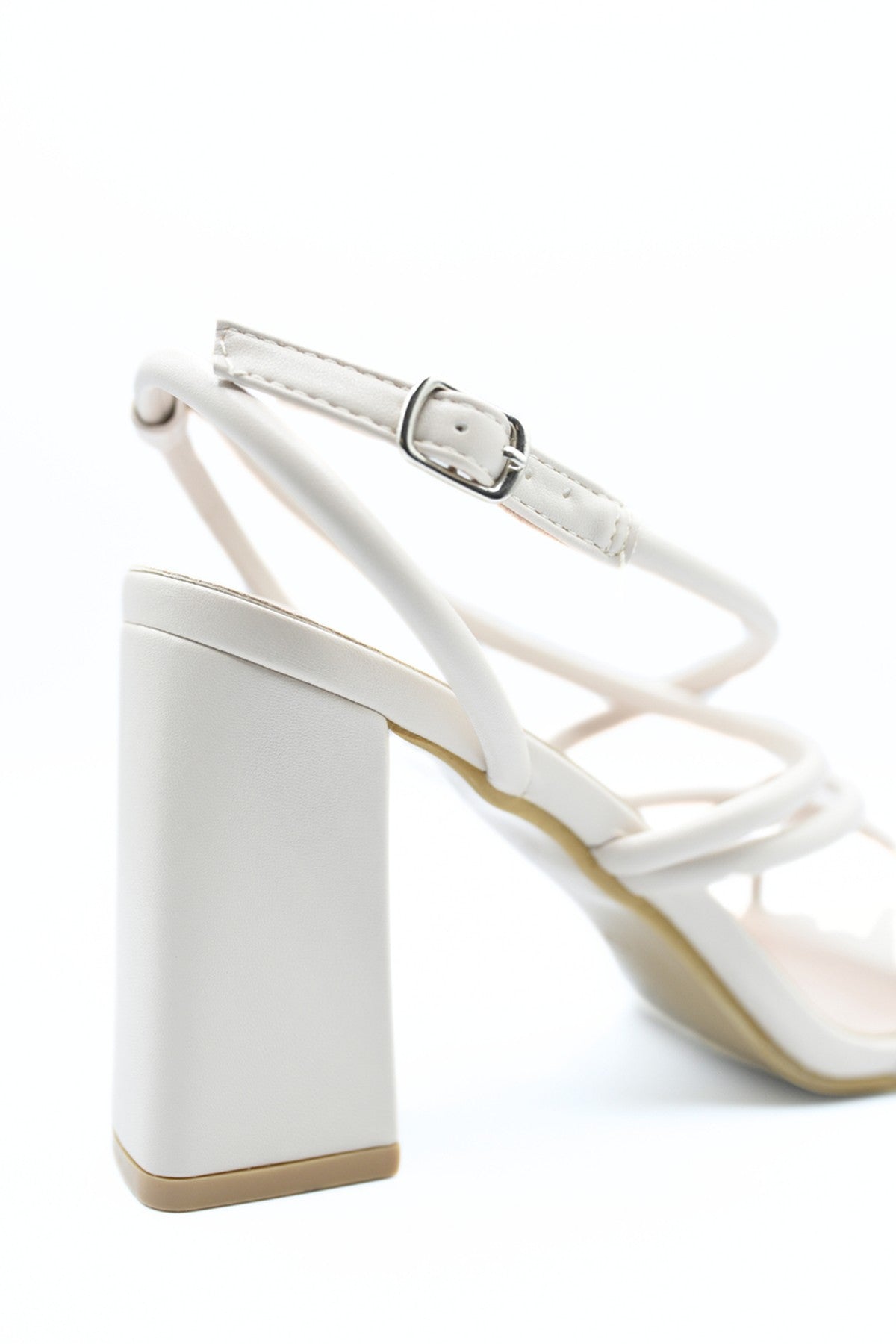 Linda Strappy Buckle Block High Heels - Beige