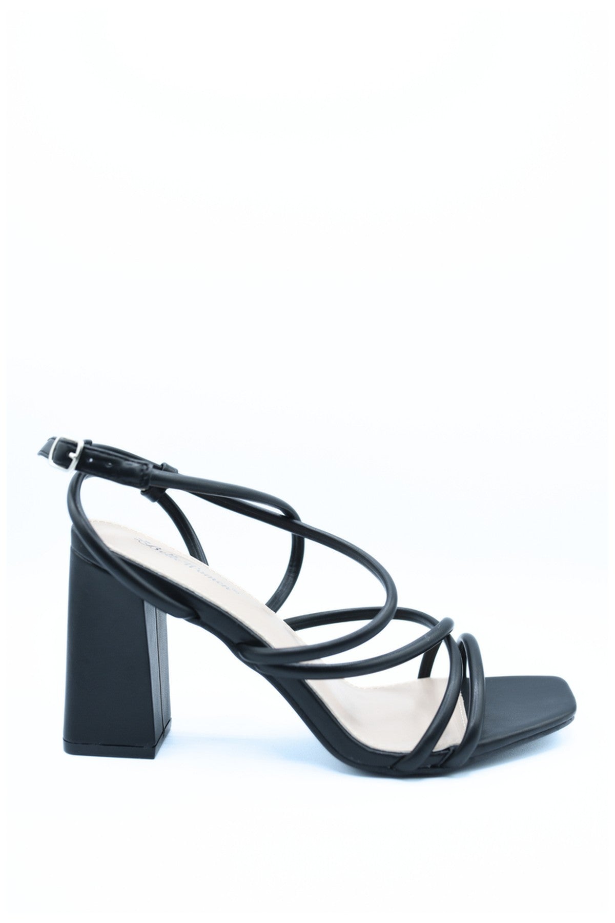 Linda Strappy Buckle Block High Heels - Black