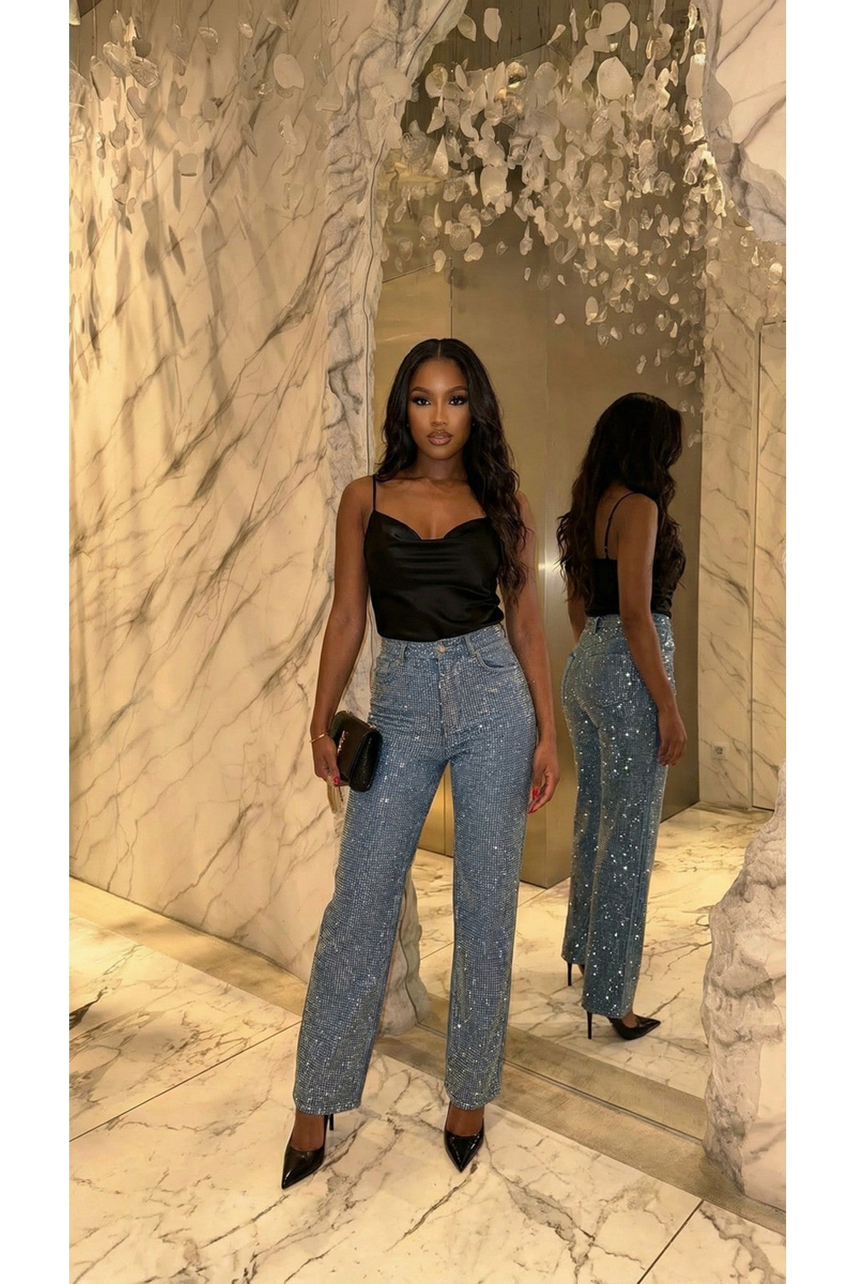 Liorra High Waisted Sparkle Wide Leg Jeans - Denim