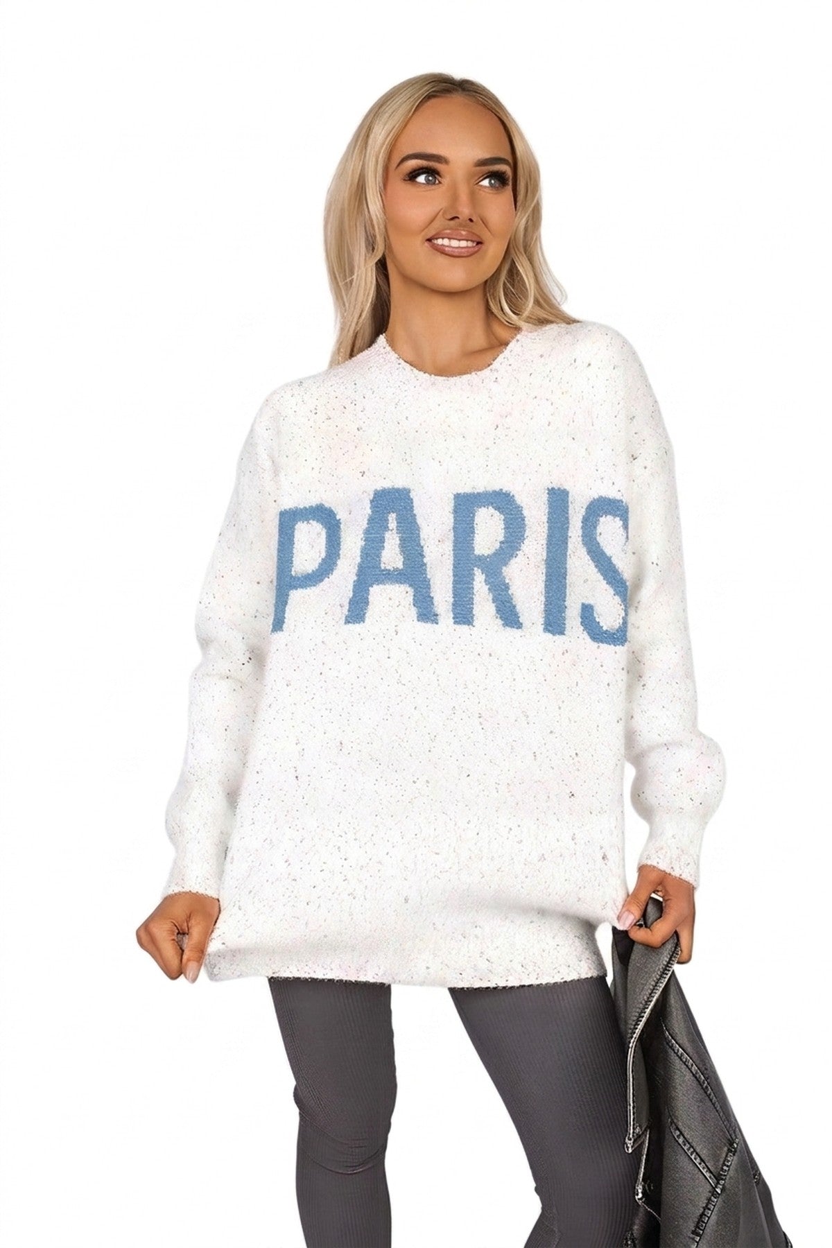 Jalina Long Sleeve Oversized Knitted Jumper With Paris Slogan - Light Grey