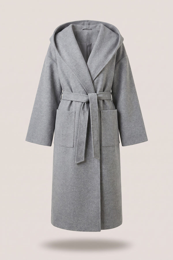 Vionna Hooded Longline Belted Wrap Coat - Grey