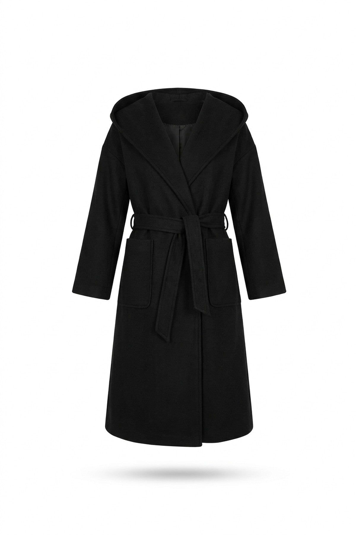 Vionna Hooded Longline Belted Wrap Coat - Black_wb