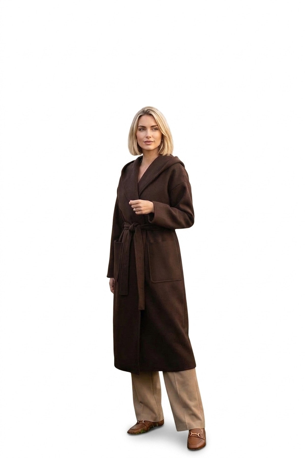 Vionna Hooded Longline Belted Wrap Coat - Brown_wb