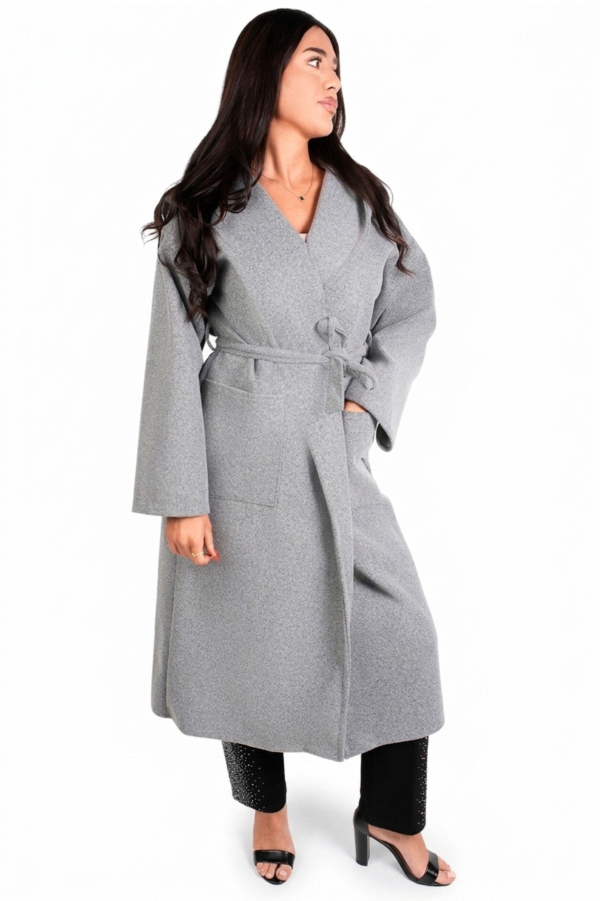 Vionna Hooded Longline Belted Wrap Coat - Grey_wb