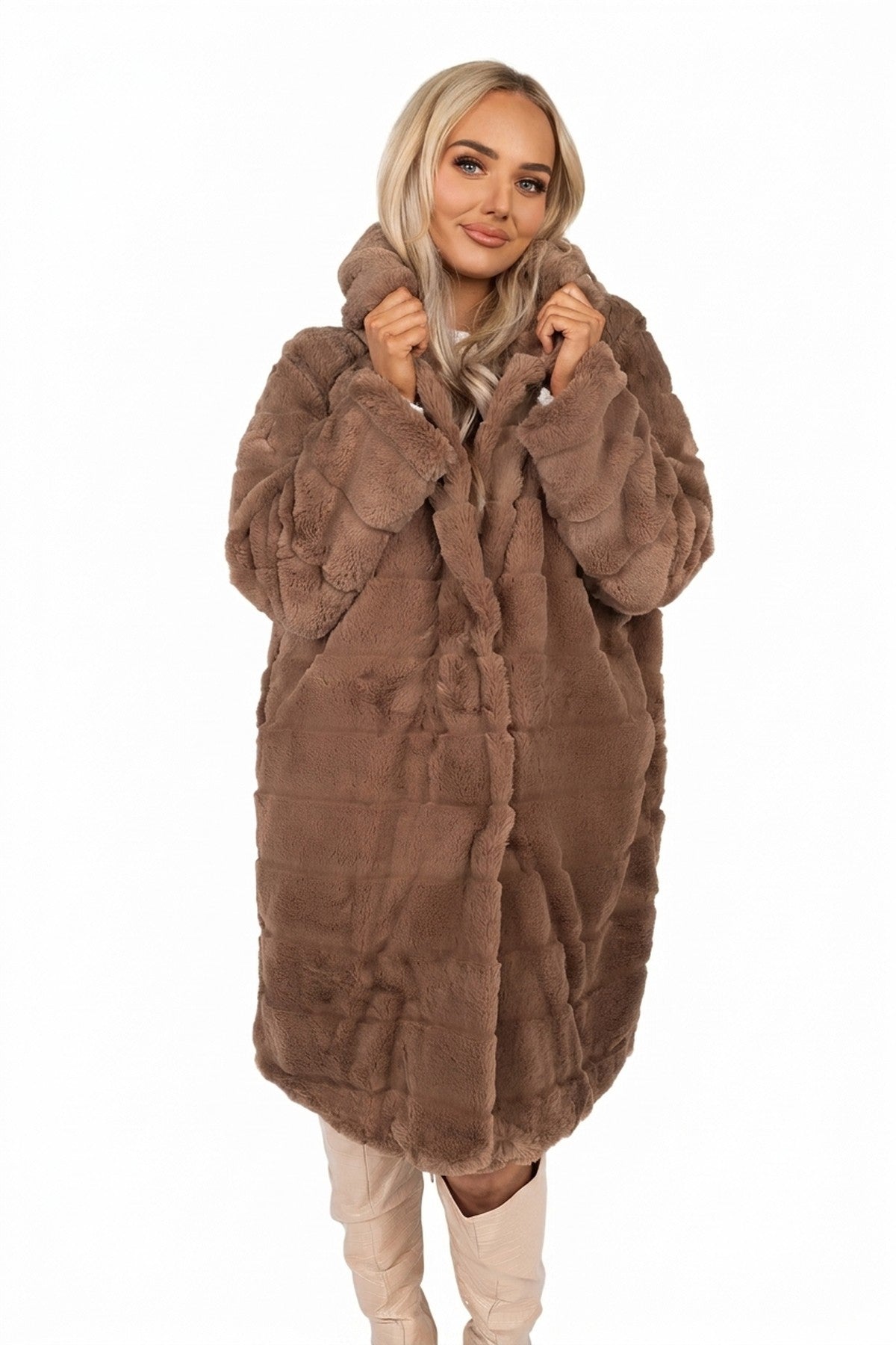 Milara Longline Faux Fur Hooded Coat - Brown_wb