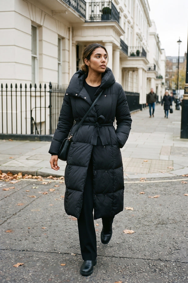Velina Longline Puffer Coat With Belted Waist - Black