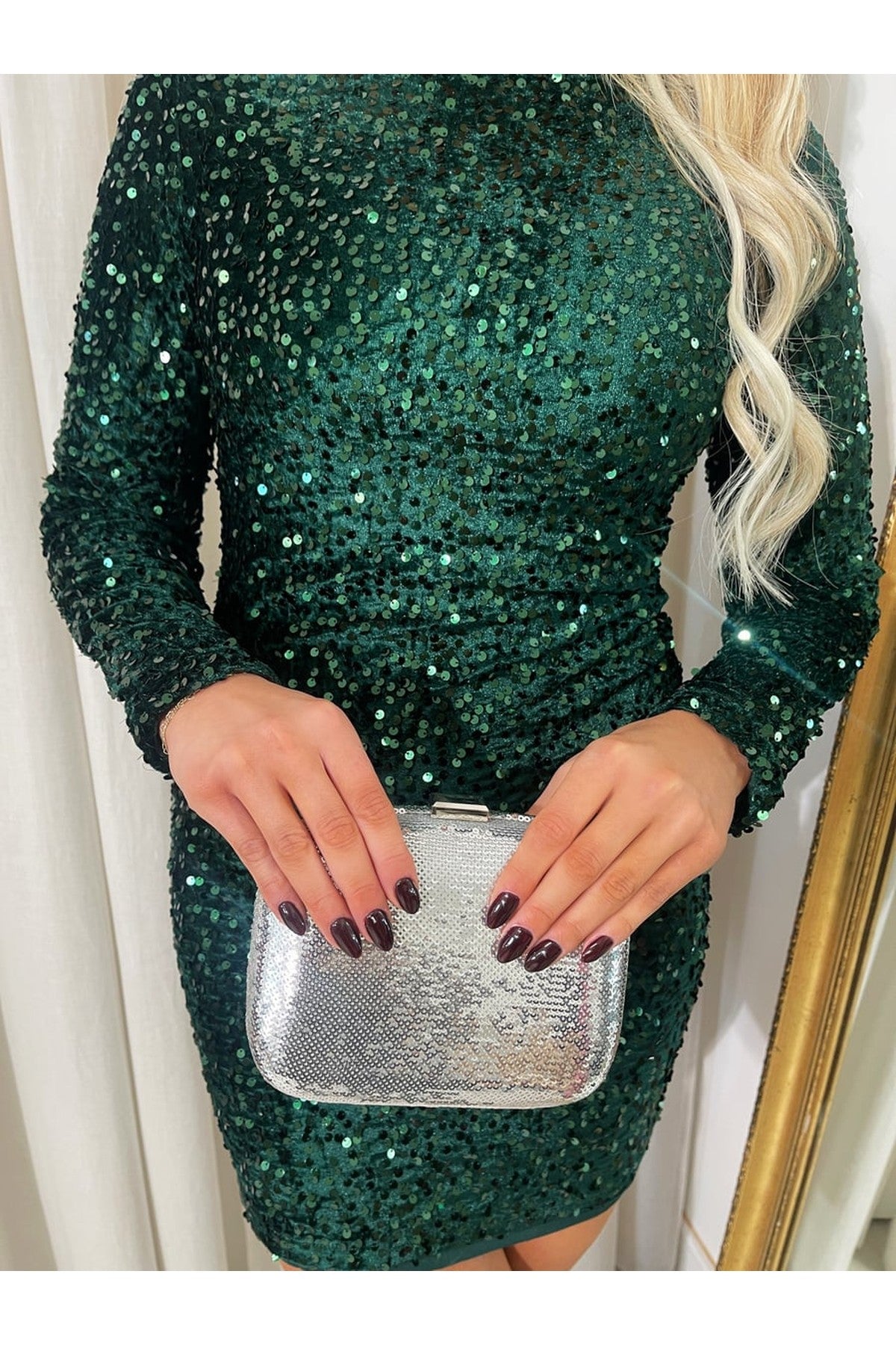 Lorena Sequin Long Sleeve Bodycon Mini Dress - Green