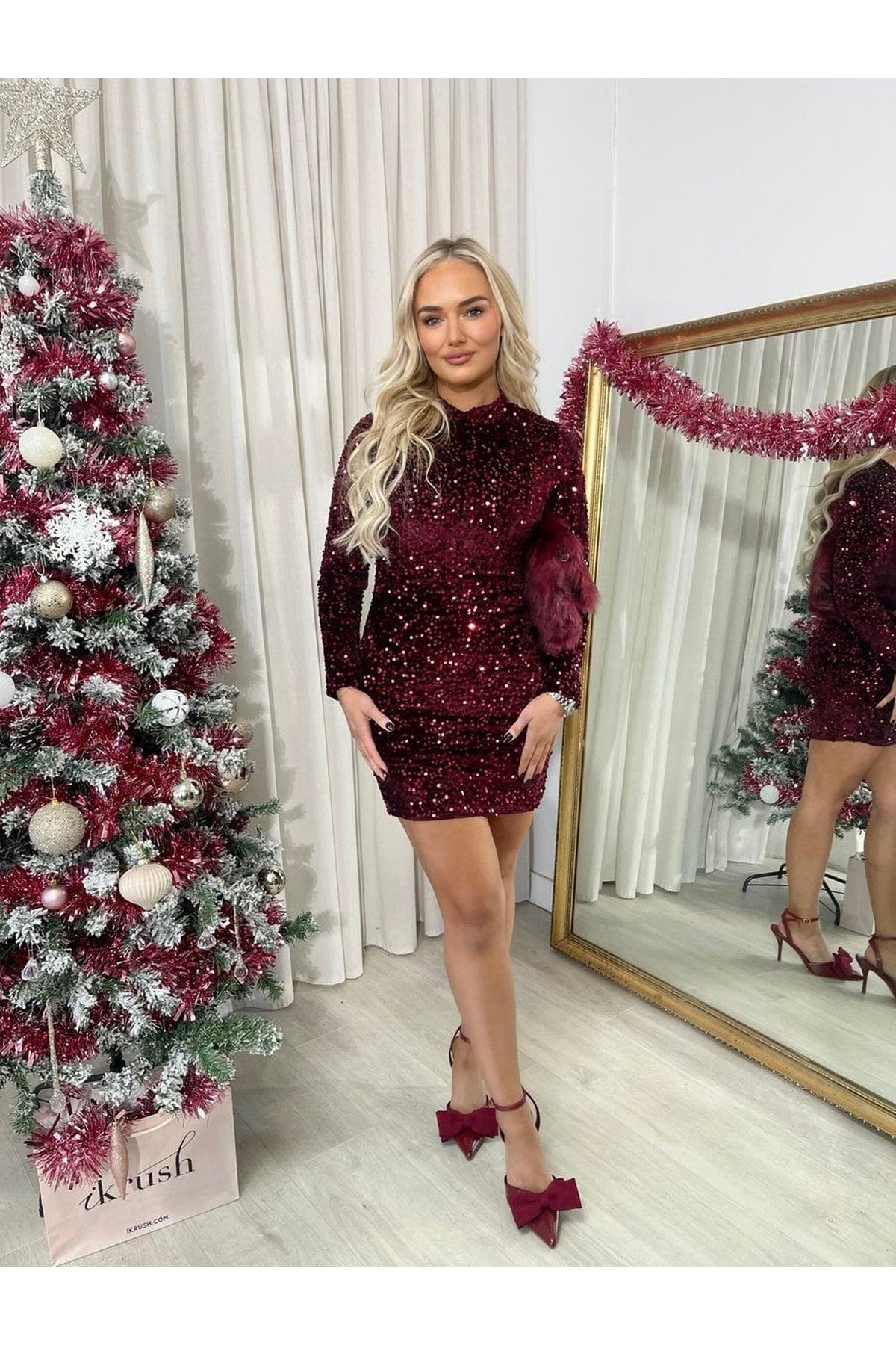 Lorena Sequin Long Sleeve Bodycon Mini Dress - Wine