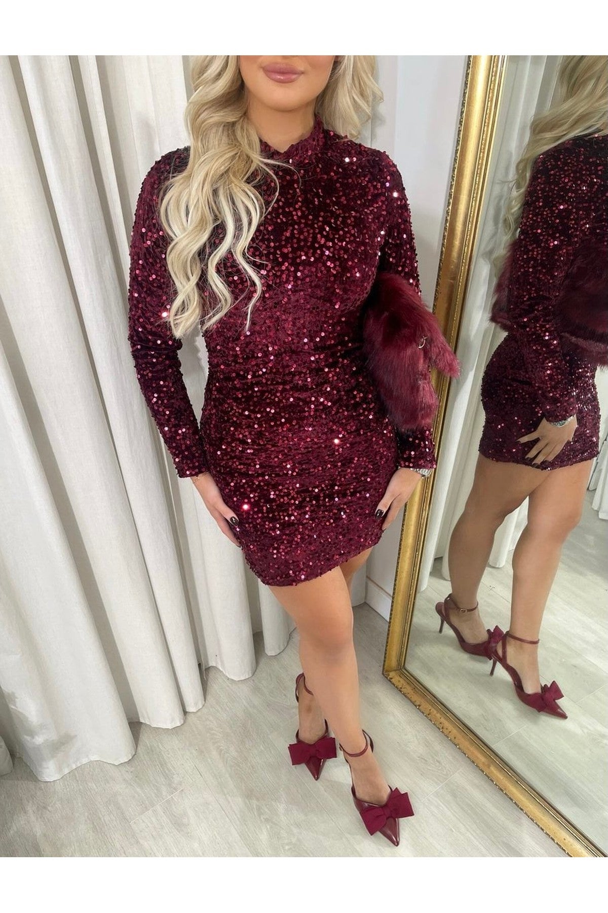 Lorena Sequin Long Sleeve Bodycon Mini Dress - Wine