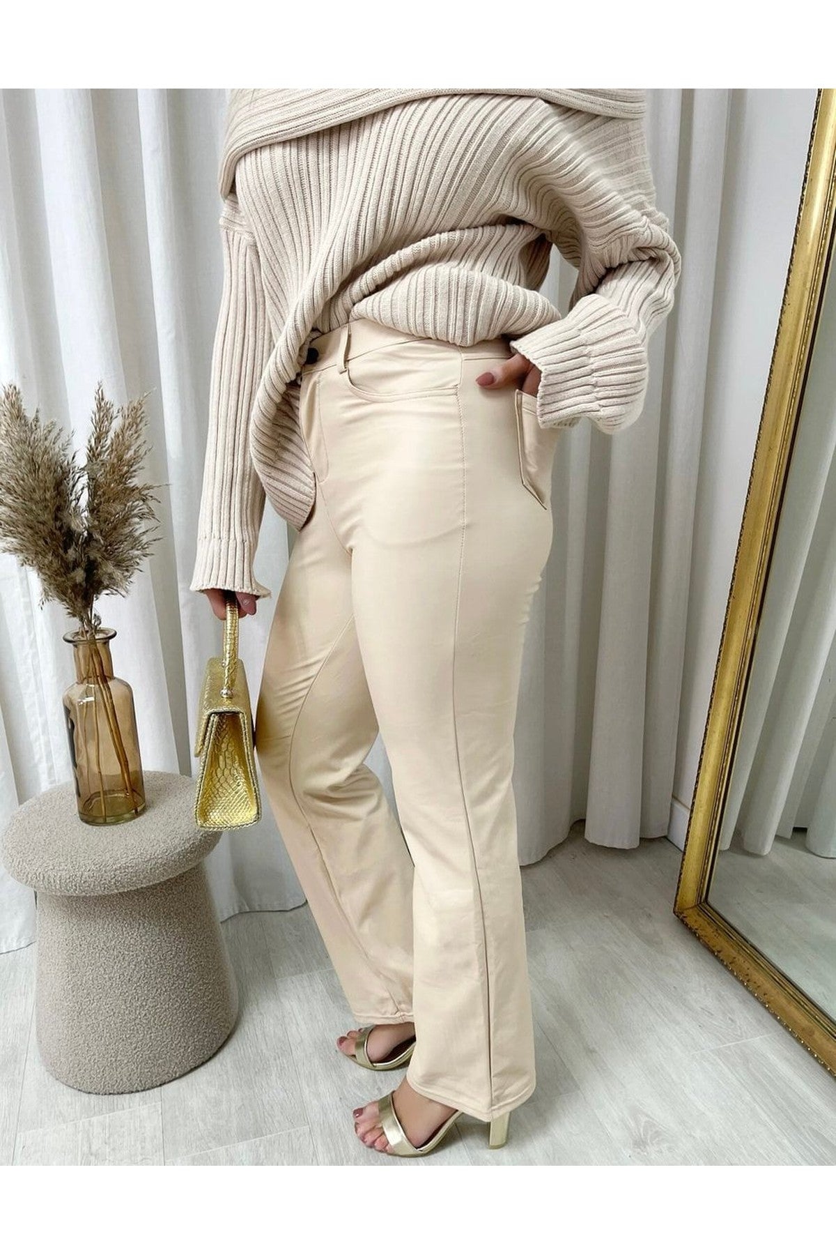 Lucia High Waisted Faux Leather Trouser - Beige