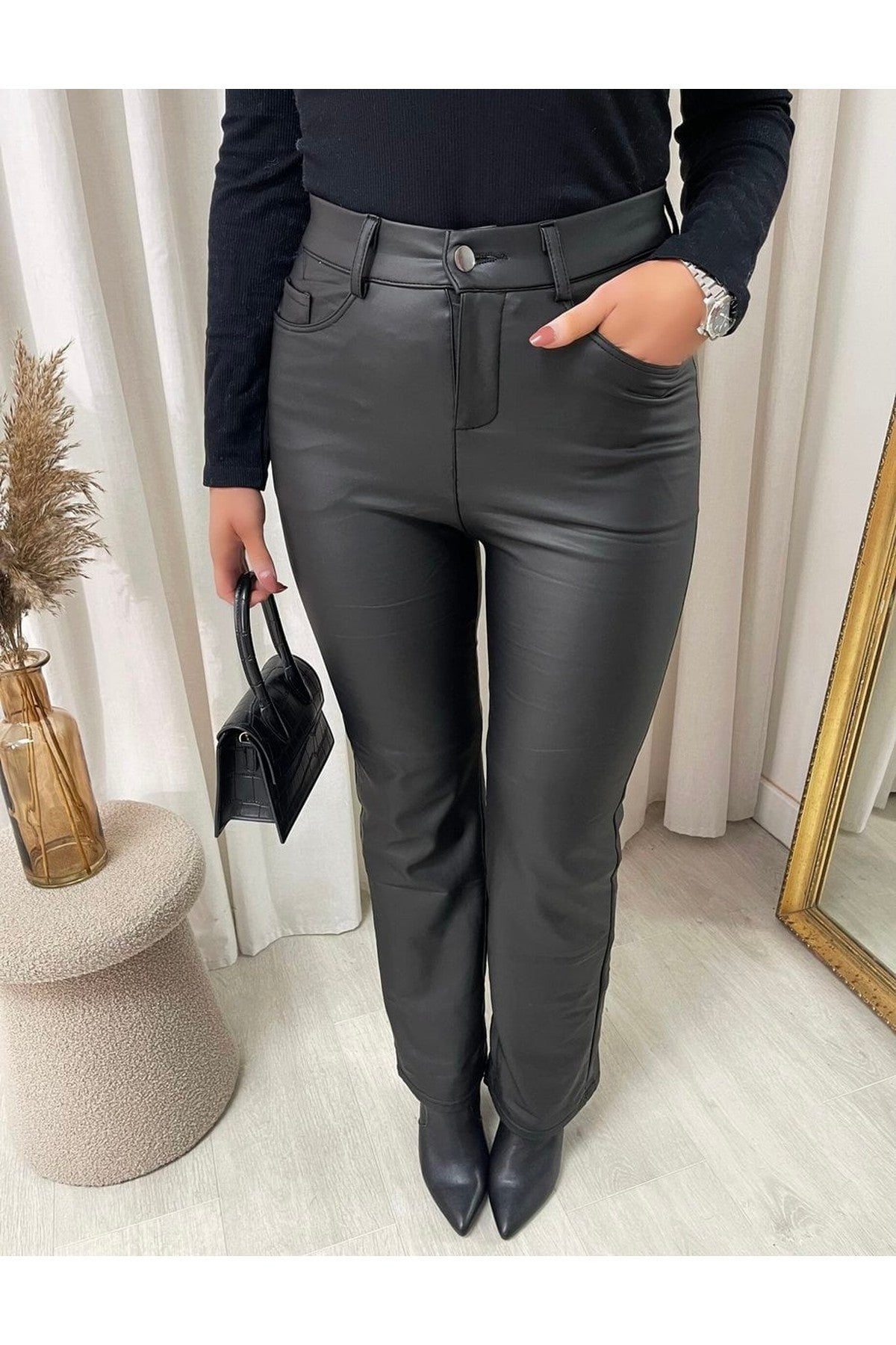 Lucia High Waisted Faux Leather Trouser - Black