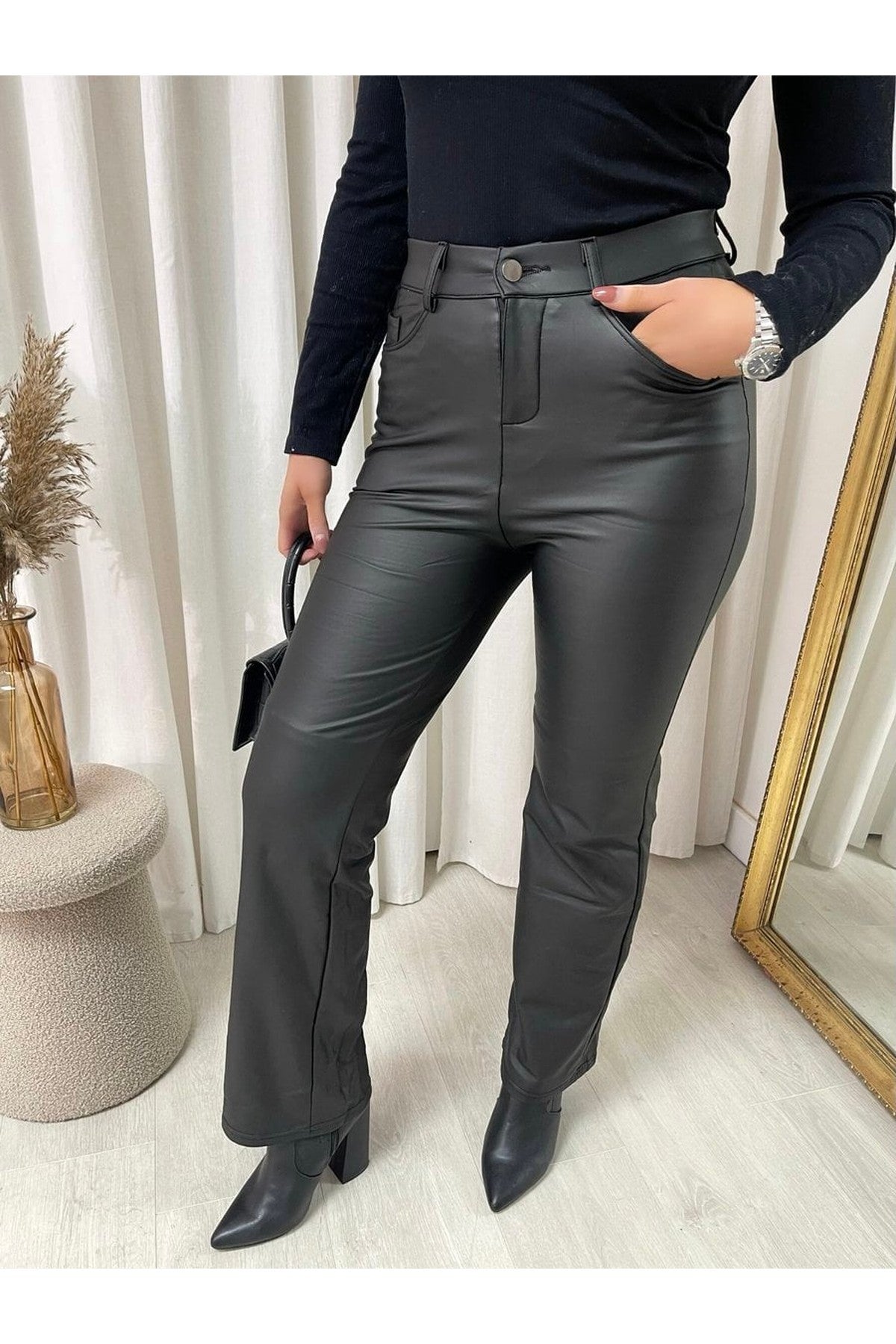 Lucia High Waisted Faux Leather Trouser - Black