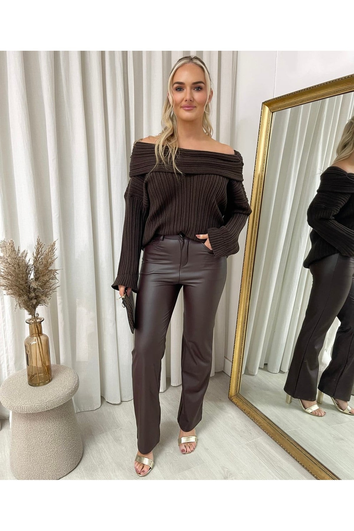 Lucia High Waisted Faux Leather Trouser - Brown