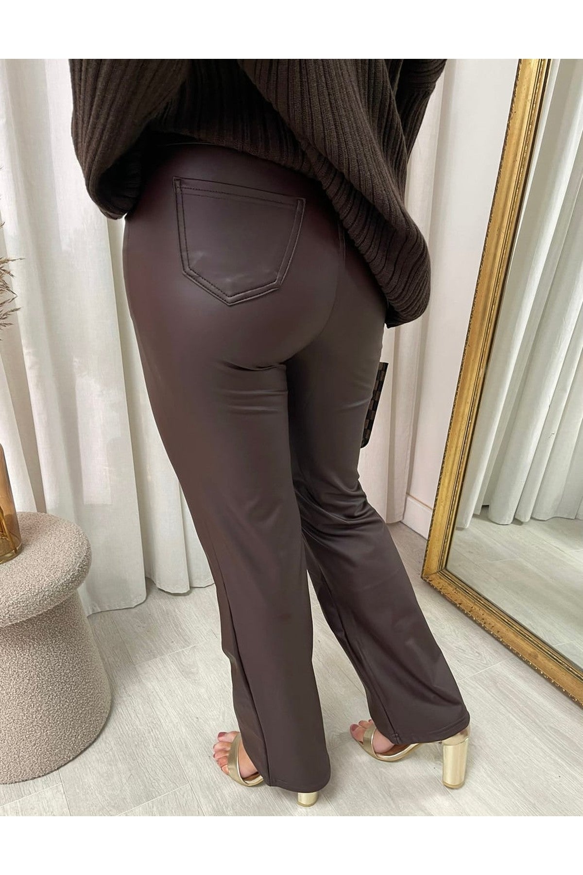 Lucia High Waisted Faux Leather Trouser - Brown