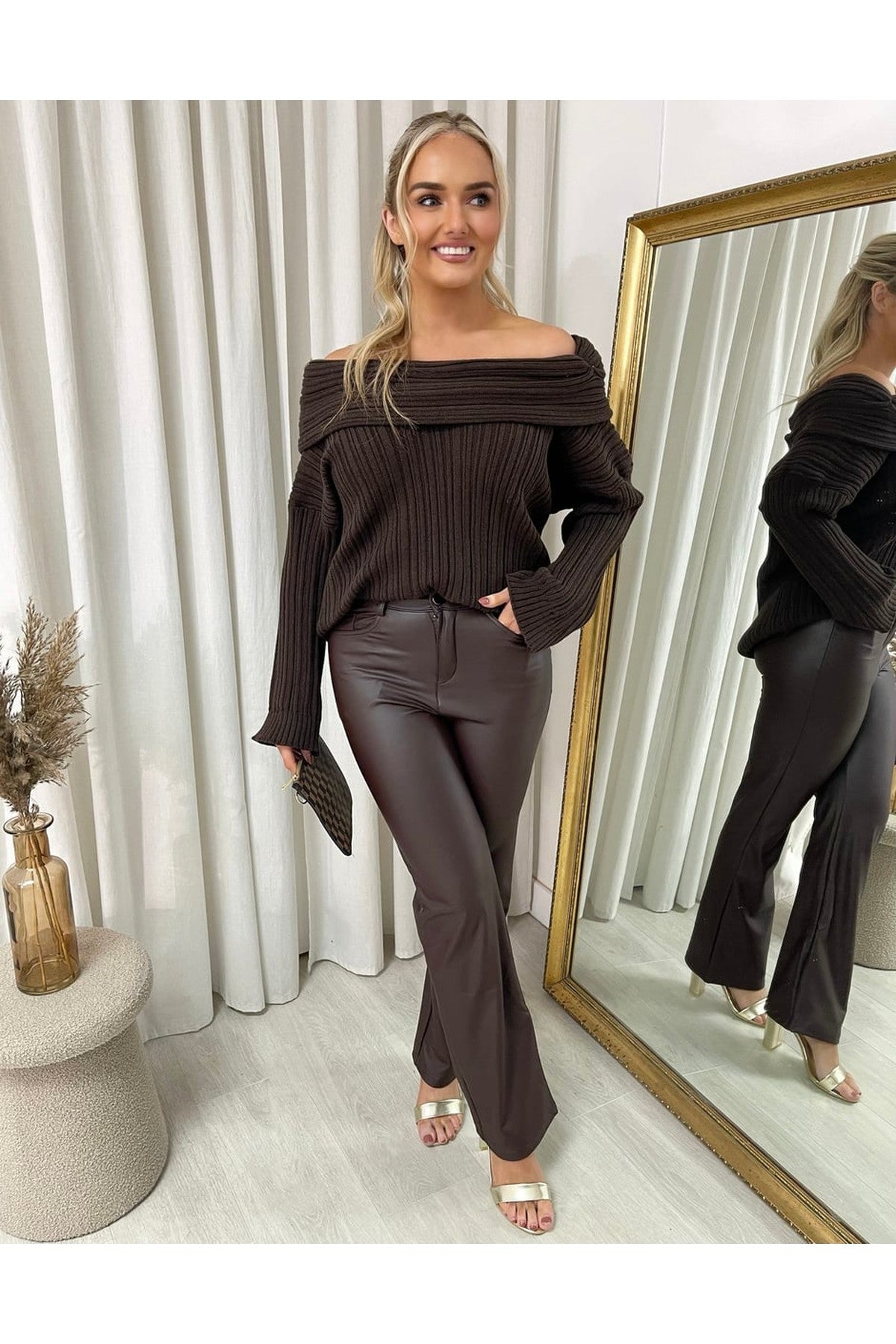 Lucia High Waisted Faux Leather Trouser - Brown
