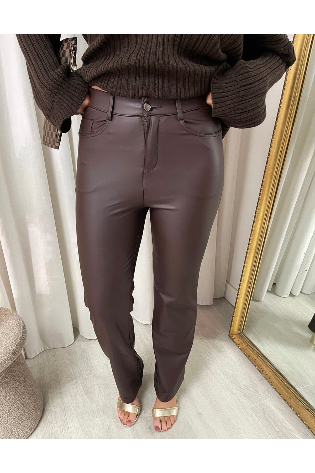 Lucia High Waisted Faux Leather Trouser - Brown