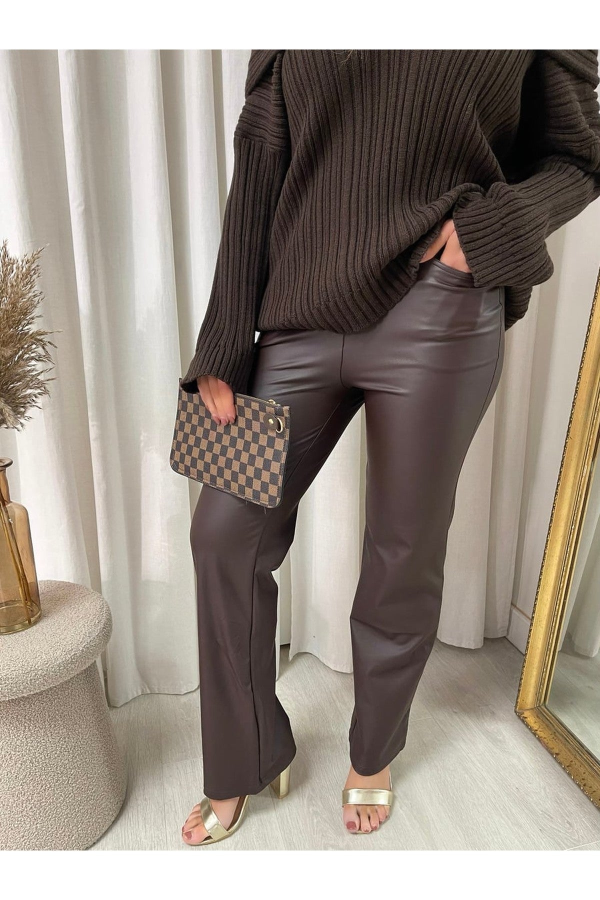 Lucia High Waisted Faux Leather Trouser - Brown