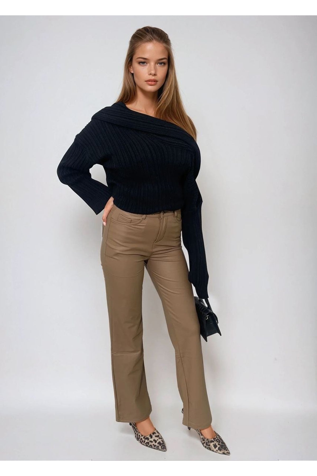 Lucia High Waisted Faux Leather Trouser - Camel
