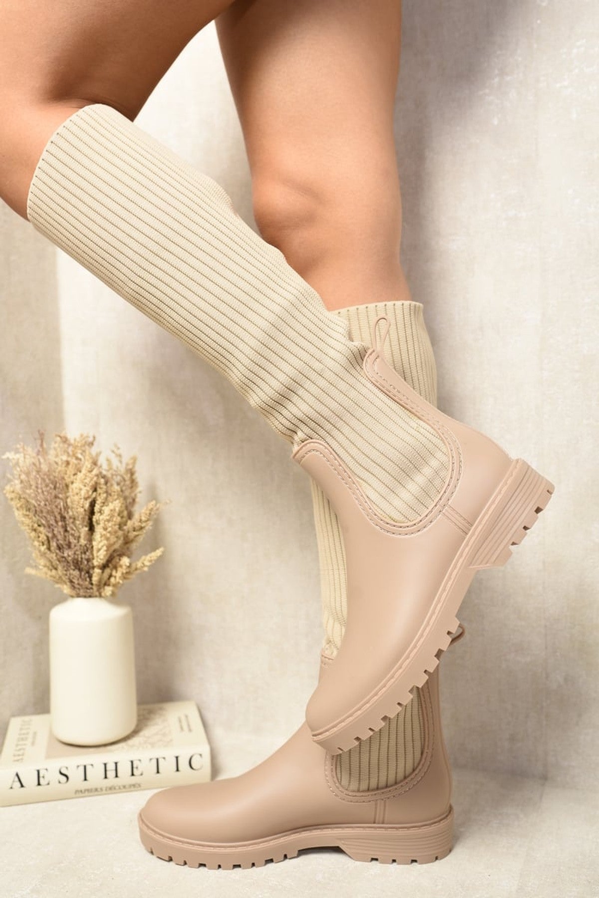 Lucille High Sock Platform Boots - Beige
