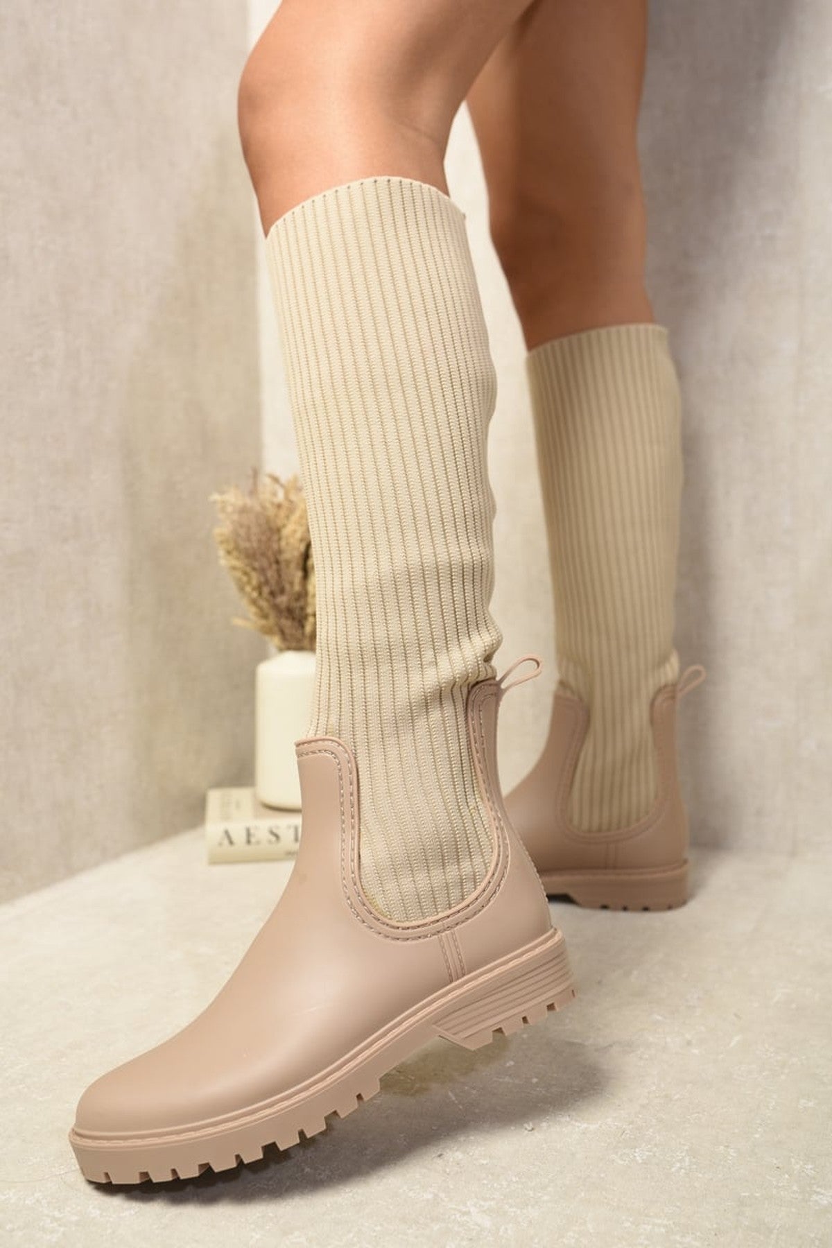 Lucille High Sock Platform Boots - Beige